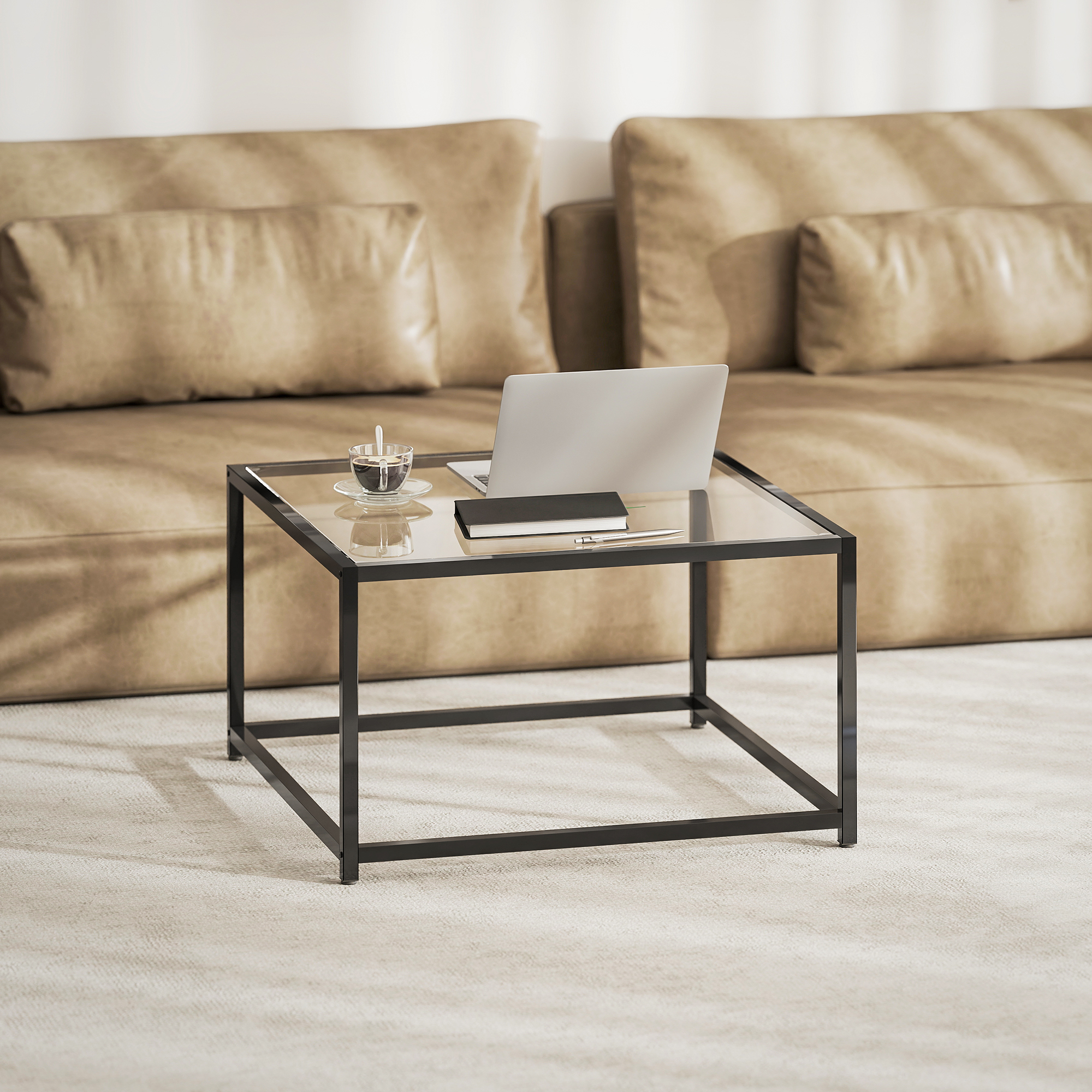 Beistelltisch Quadratisch Nachttisch mit Hartglas-Tischplatte, Couchtisch mit Beinen aus Stahl 68 x 68 x 39 cm Schwarz