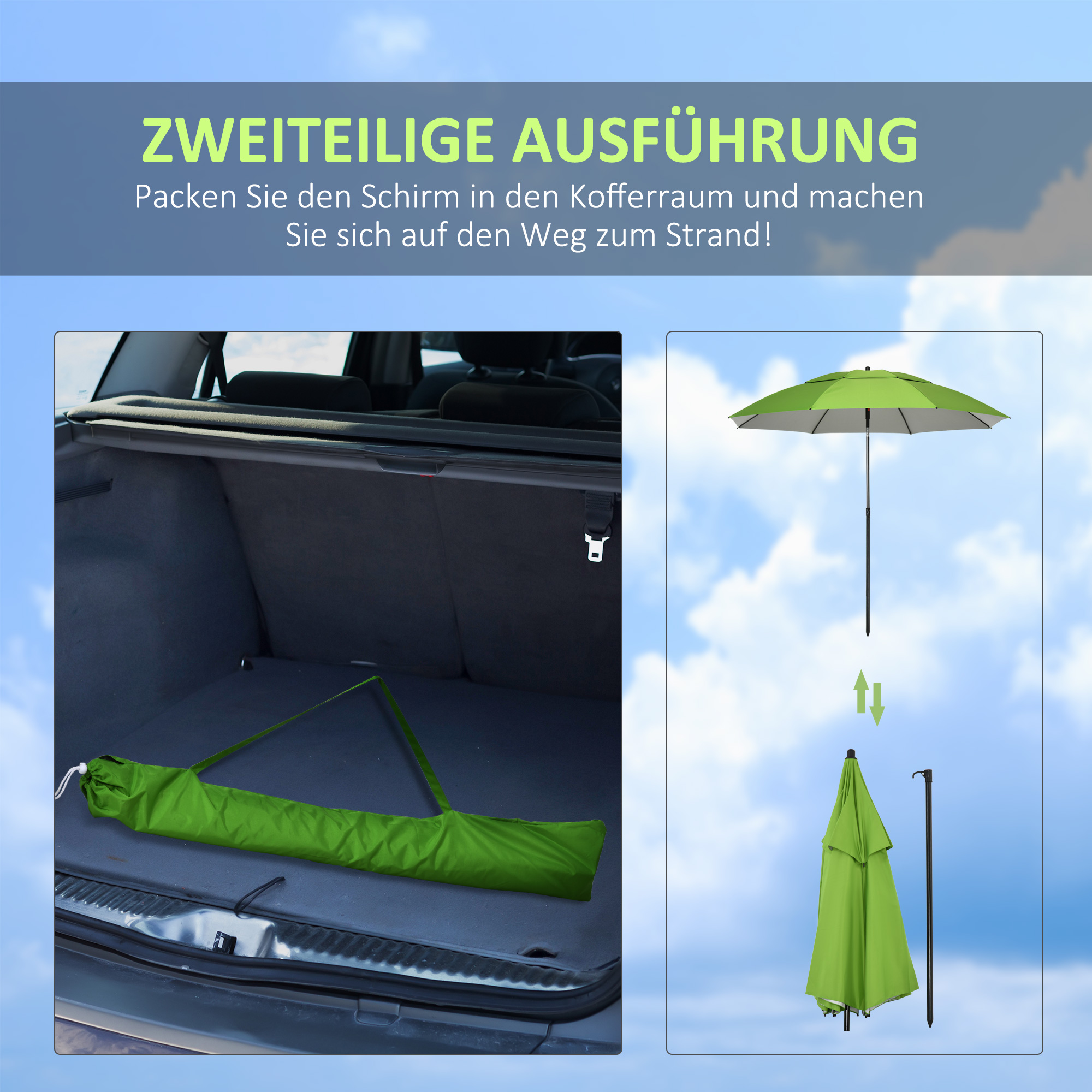 Strandschirm, Sonnenschirm, mit Belüftungsöffnungen, inkl. Schutzhülle, ?1.85, Grün