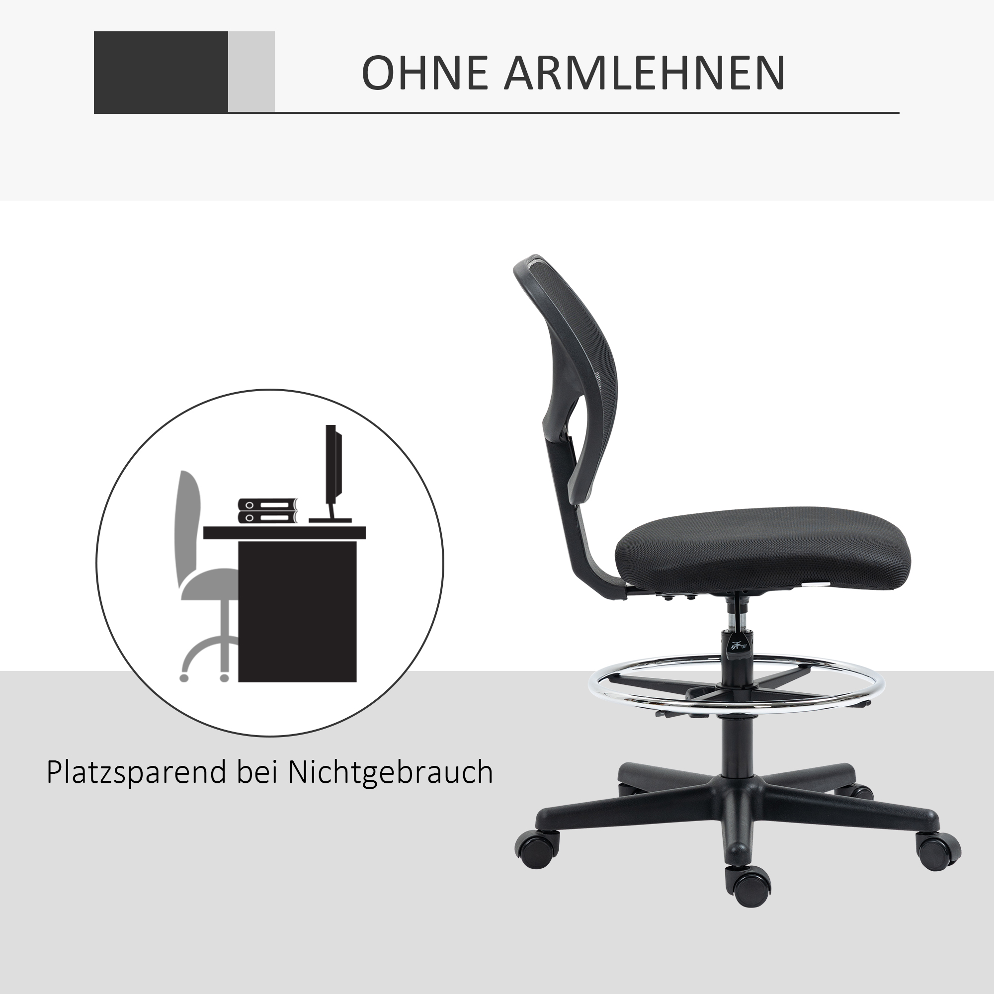 Zeichenstuhl inkl. Fußstütze, höhenverstellbarer Bürostuhl, 59 cm x 61 cm x 113 cm, Schwarz