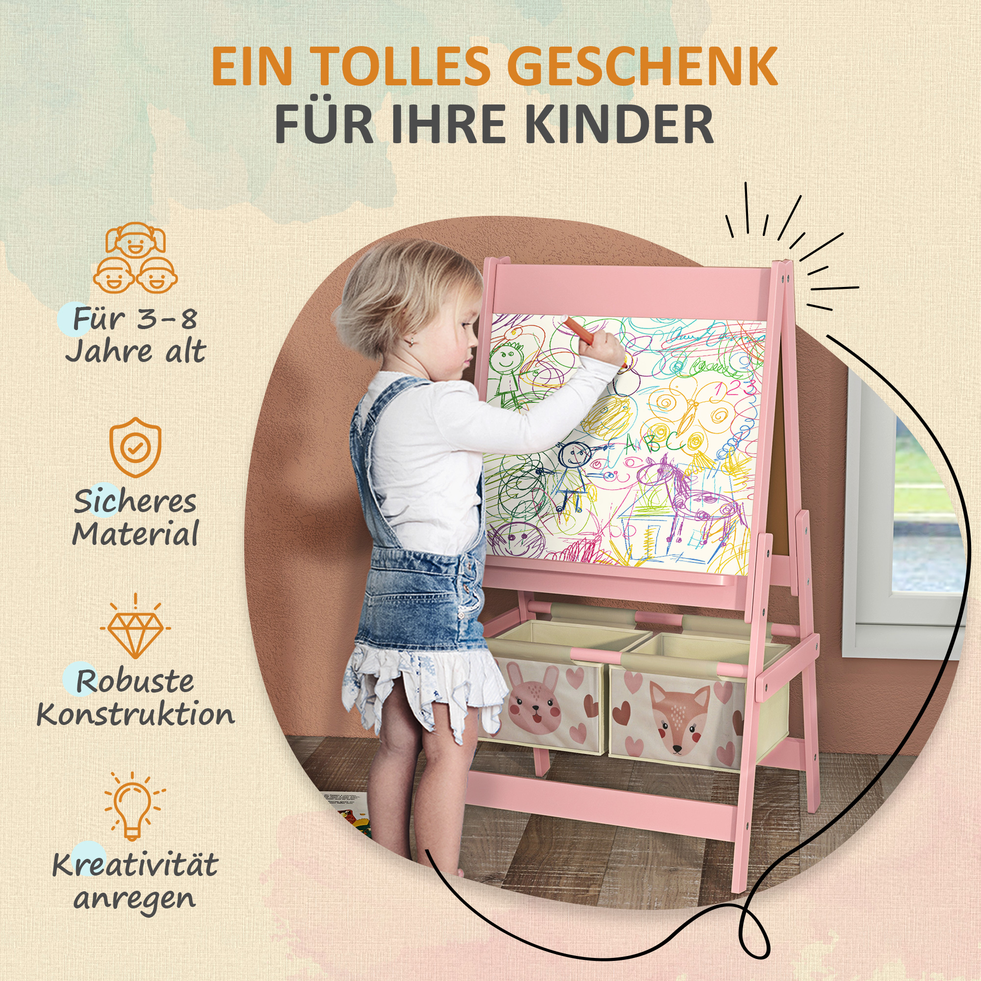 3-in-1 Kinder Staffelei mit Papierrolle, Kreidetafel, Whiteboard, Aufbewahrungskörbe, 54 x 46,5 x 93 cm, rosa