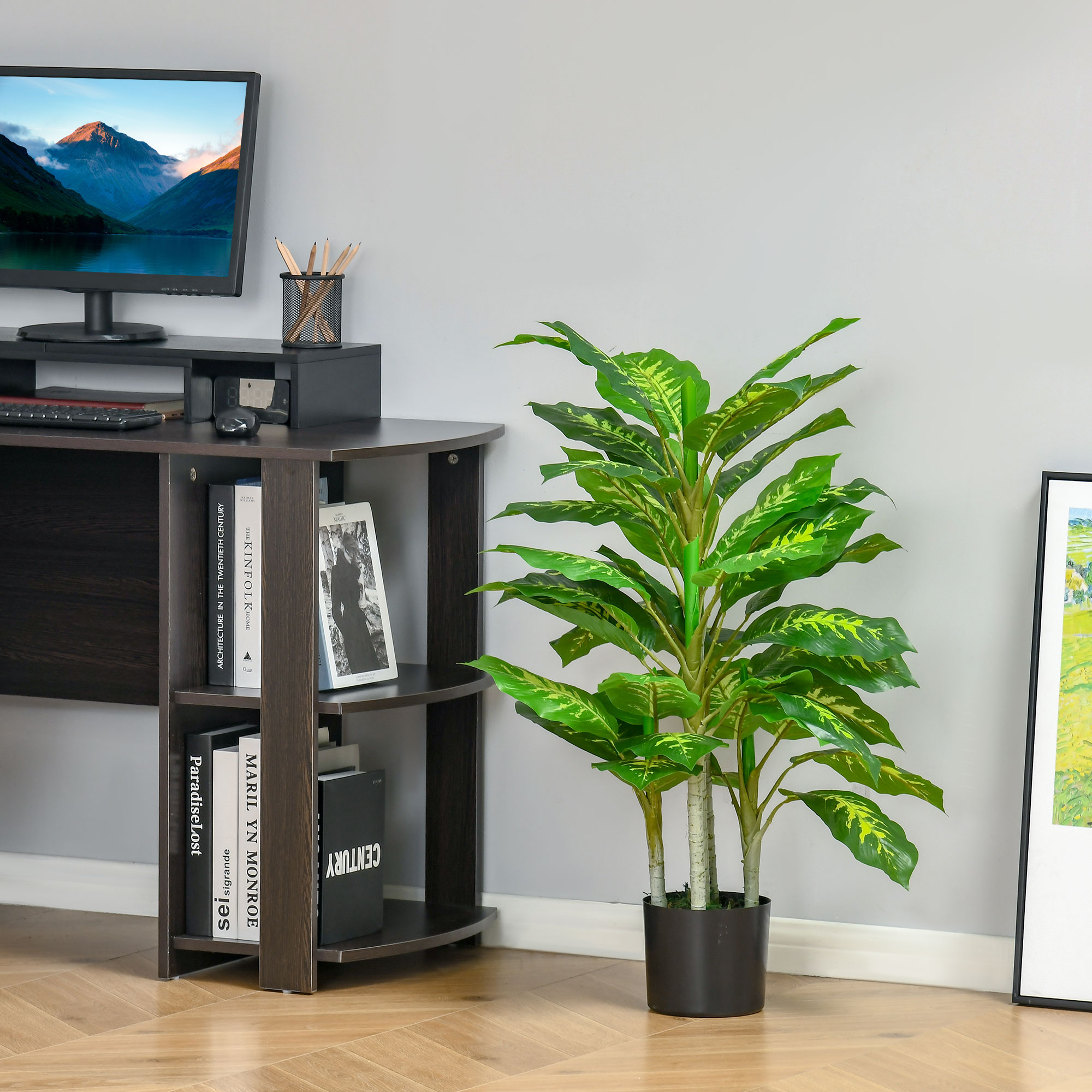 Kunstpflanze, Kunststoff-Pflanze, Zementtopf, Indoor und Outdoor, 95 cm, Grün