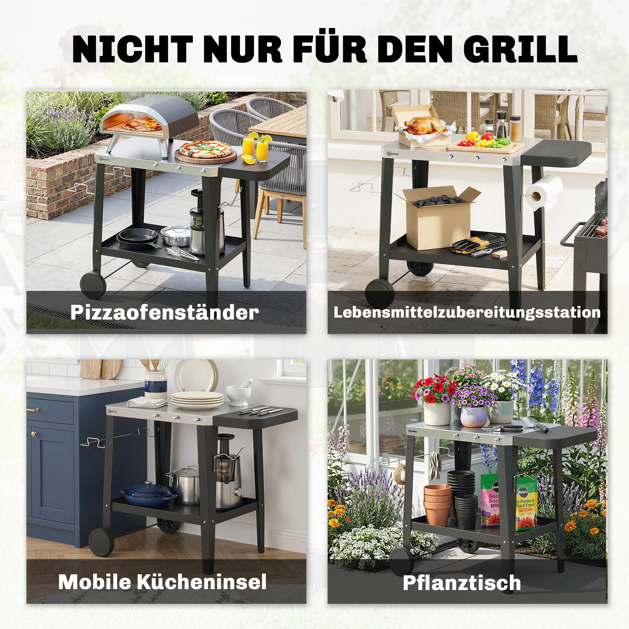 Küchenwagen mit Rollen Servierwagen mit Haken Papierrollenhalter Müllsackständer Edelstahl 115 x 67,5 x 80,5 cm Schwarz