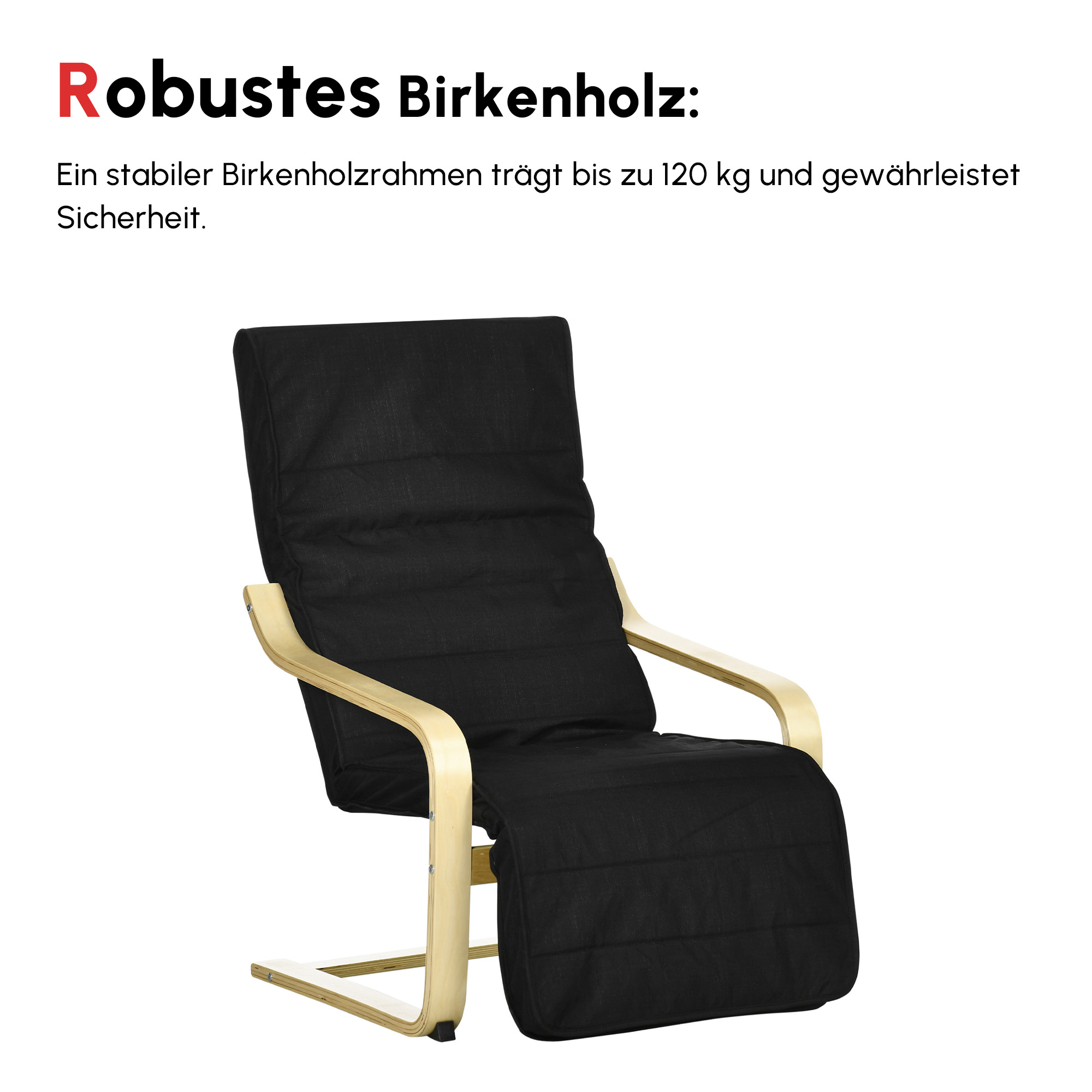 Relaxsessel, Ruheliege, verstellbares Fußteil, Auflage, Holz+Schwarz, 66,5 x 94 x 100cm