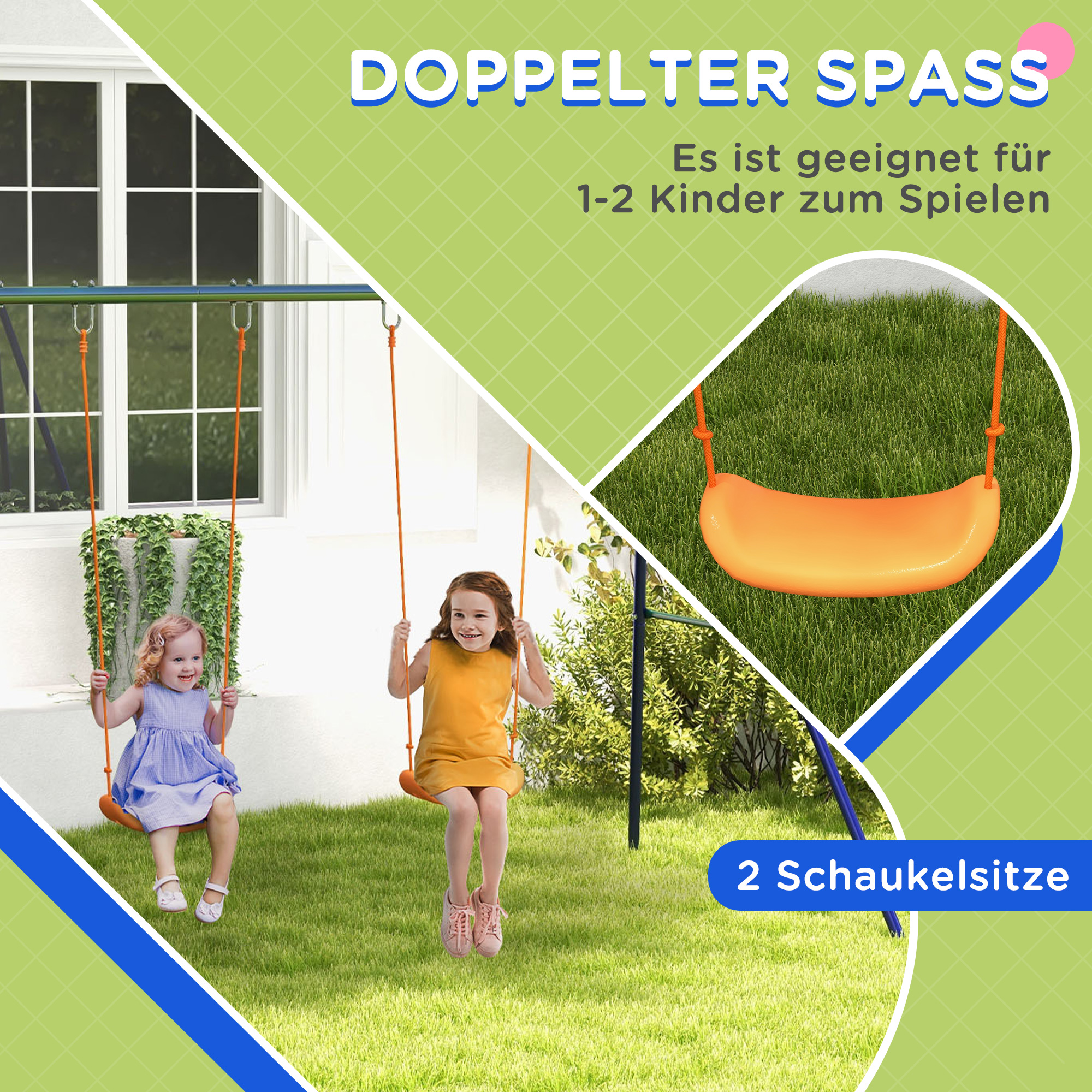 Kinder-Schaukelgestell mit 2 Schaukelsitzen, für 3-8 Jahre, Stahl, 2,7 x 1,6 x 1,8 m