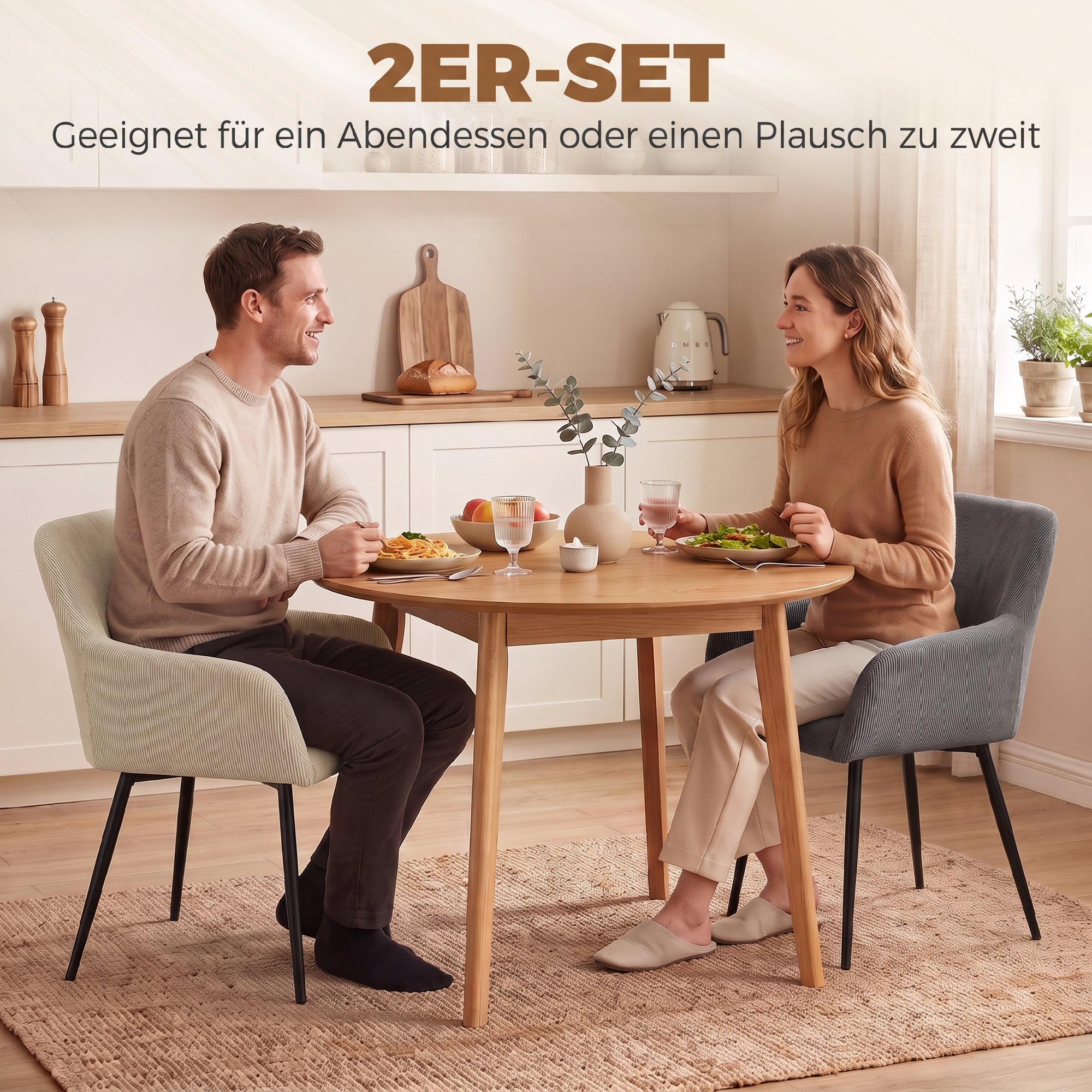 Esszimmerstühle 2er-Set, gepolsterte Küchenstühle mit Metallbeinen, cremeweiß