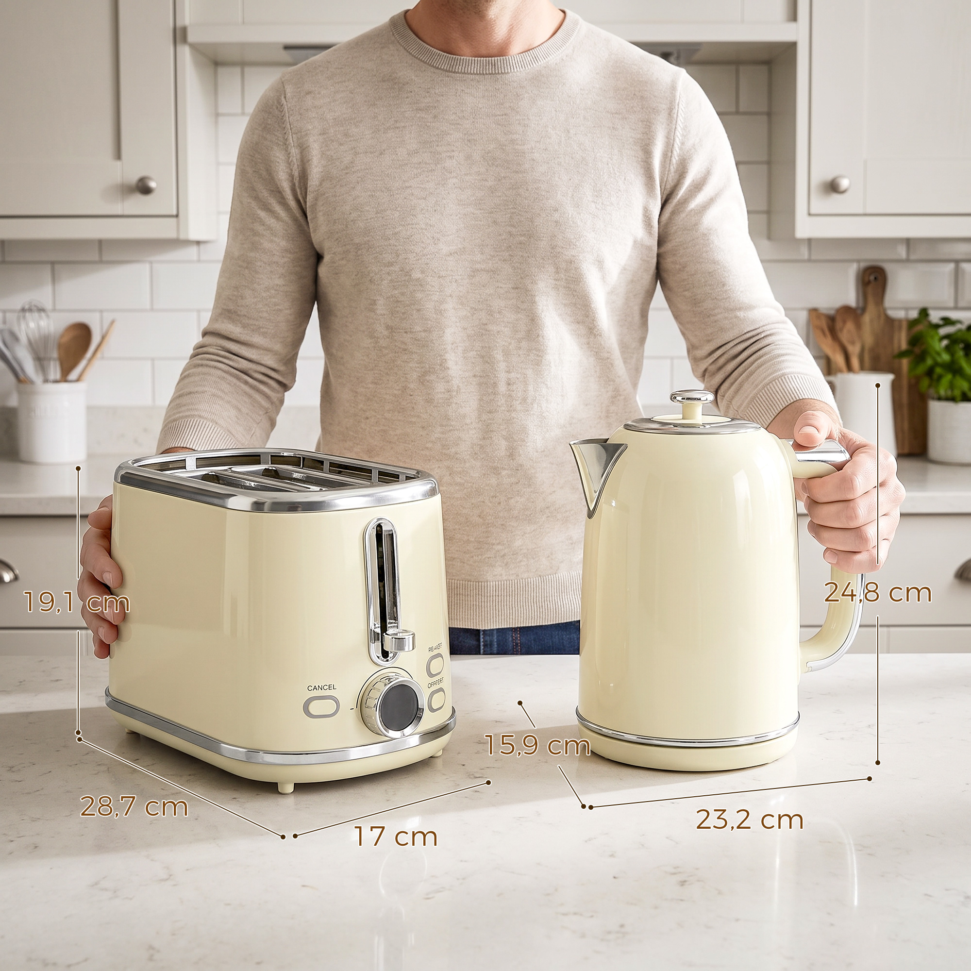 Wasserkocher- und Toaster-Set mit LED-Display, 1,7-L-Wasserkocher mit 3 Std. Warmhaltefunktion, Creme