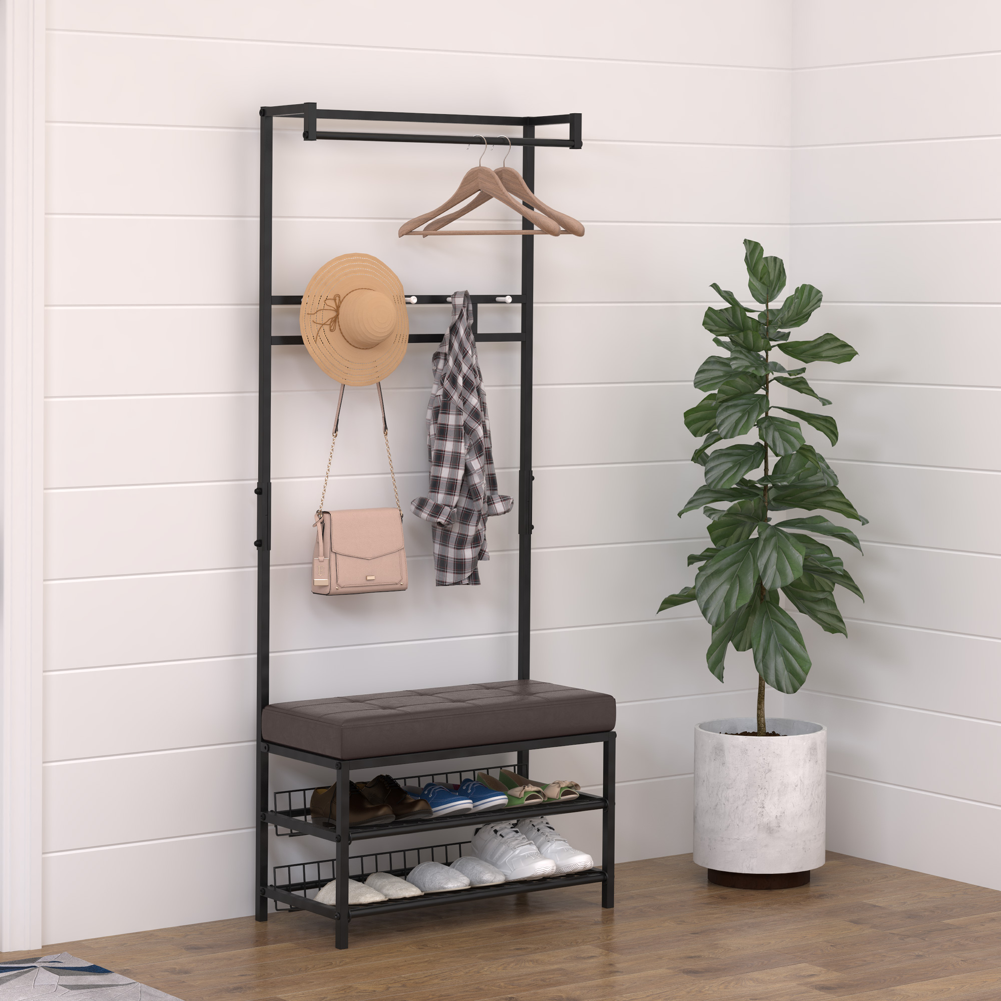 Garderobenständer Kleiderständer mit 5 Haken und Schuhbank mit 2 Ebenen Garderobe aus Metall für Flur, Schlafzimmer, 72,5 x35 x 180cm