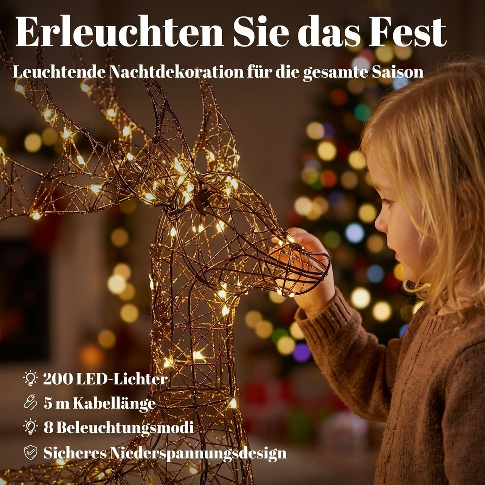 3-teiliges beleuchtetes Rentier-Set, Weihnachtsdeko für außen mit 200 warmweißen LEDs, 8 Modi, Tages-Timer
