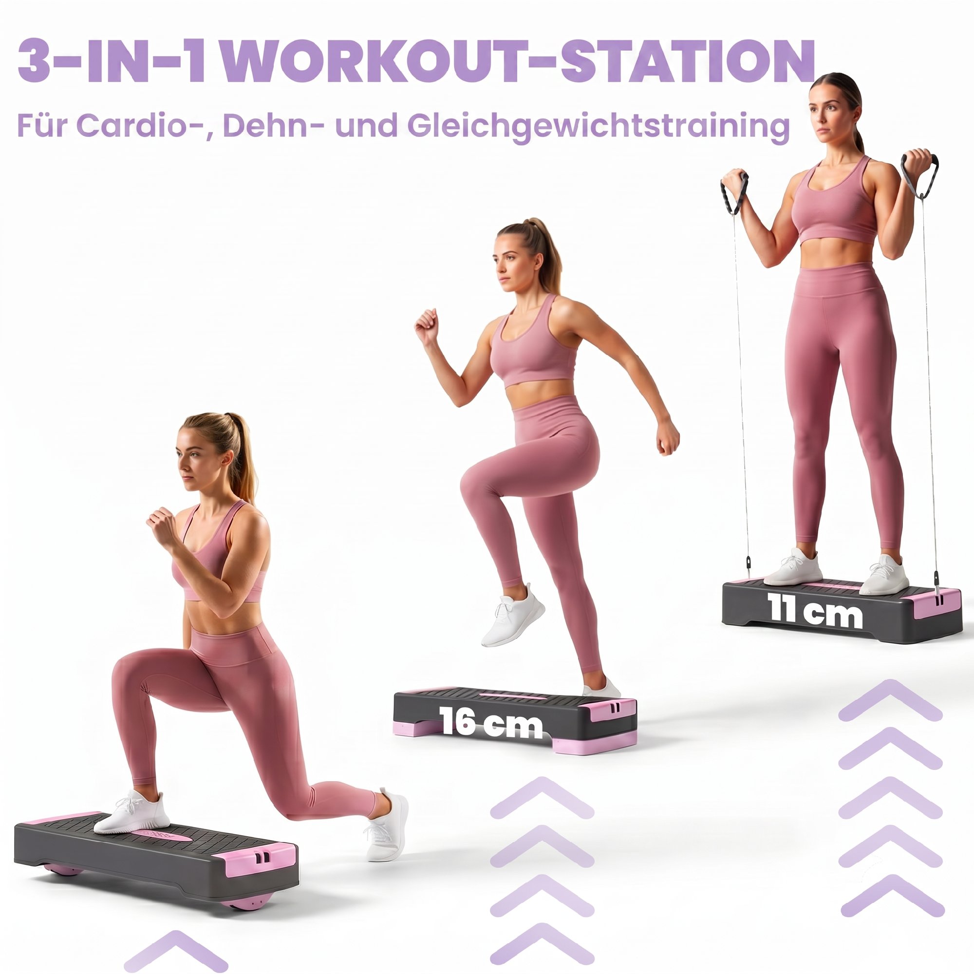 Steppbrett höhenverstellbar Fitness Aerobic Stepper mit 2 Stufen (11/16 cm) 2 Widerstandsbändern, Anti-Rutsch-Matte Rosa