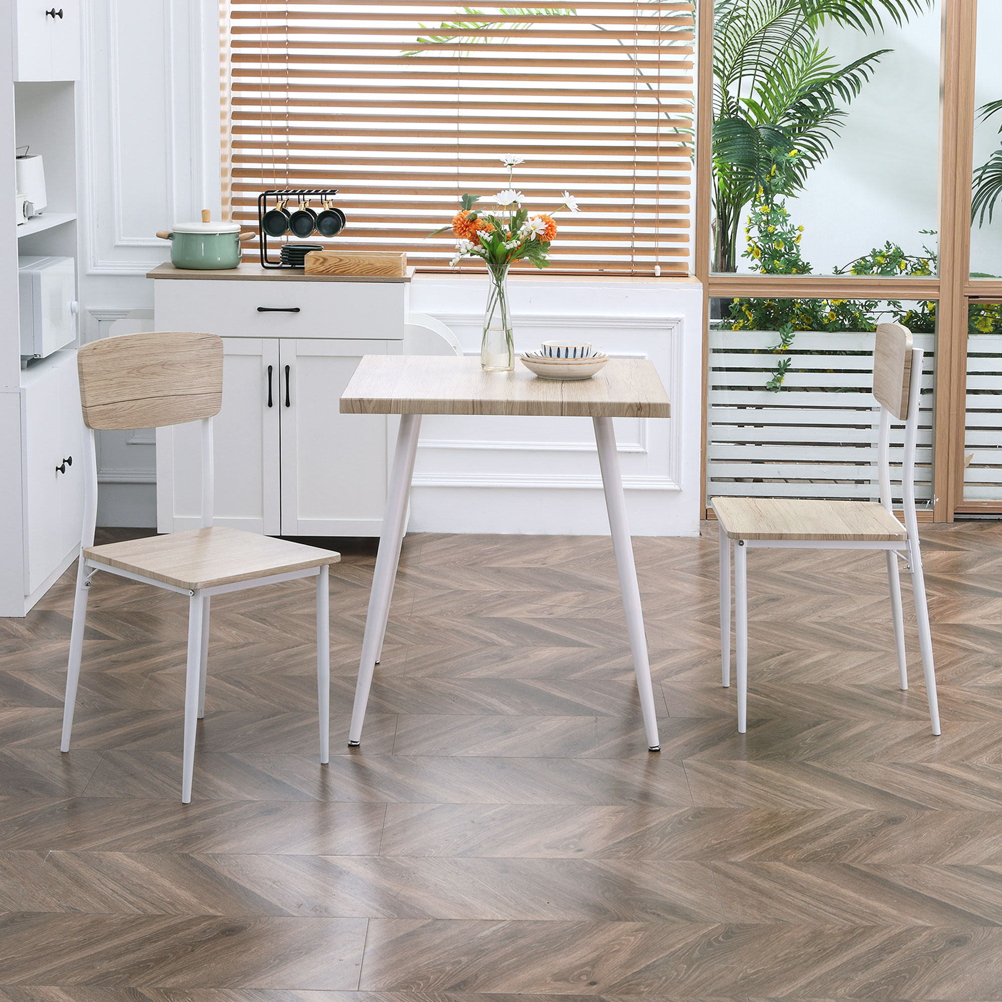 3-teilige Essgruppe Esstisch mit 2 Stühlen Esszimmergruppe mit Metallgestell Sitzgruppe für Esszimmer, Küche Nautr+Weiß