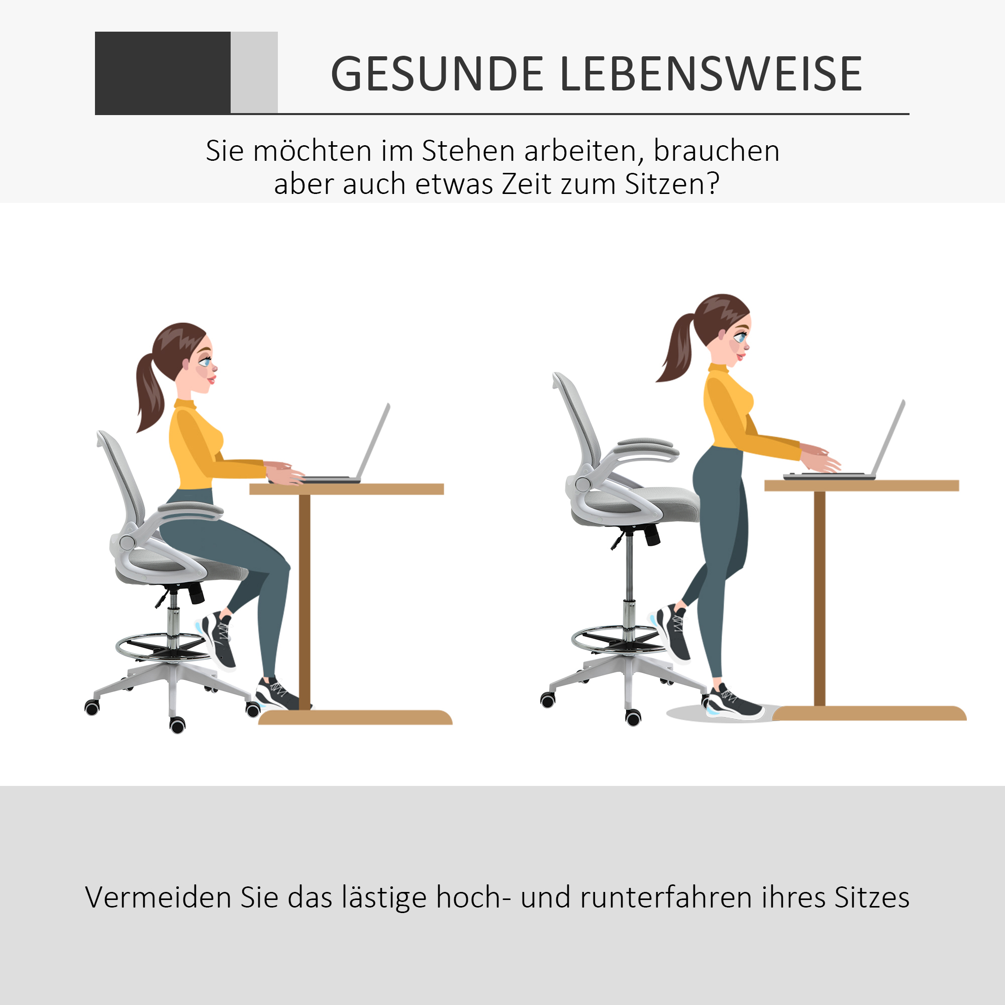 Bürosessel, Schreibtischstuhl, Stehfunktion, mit Fußablage, drehbarer Sitz, Stahl, schwarz, 64 x 60 x 106-126cm
