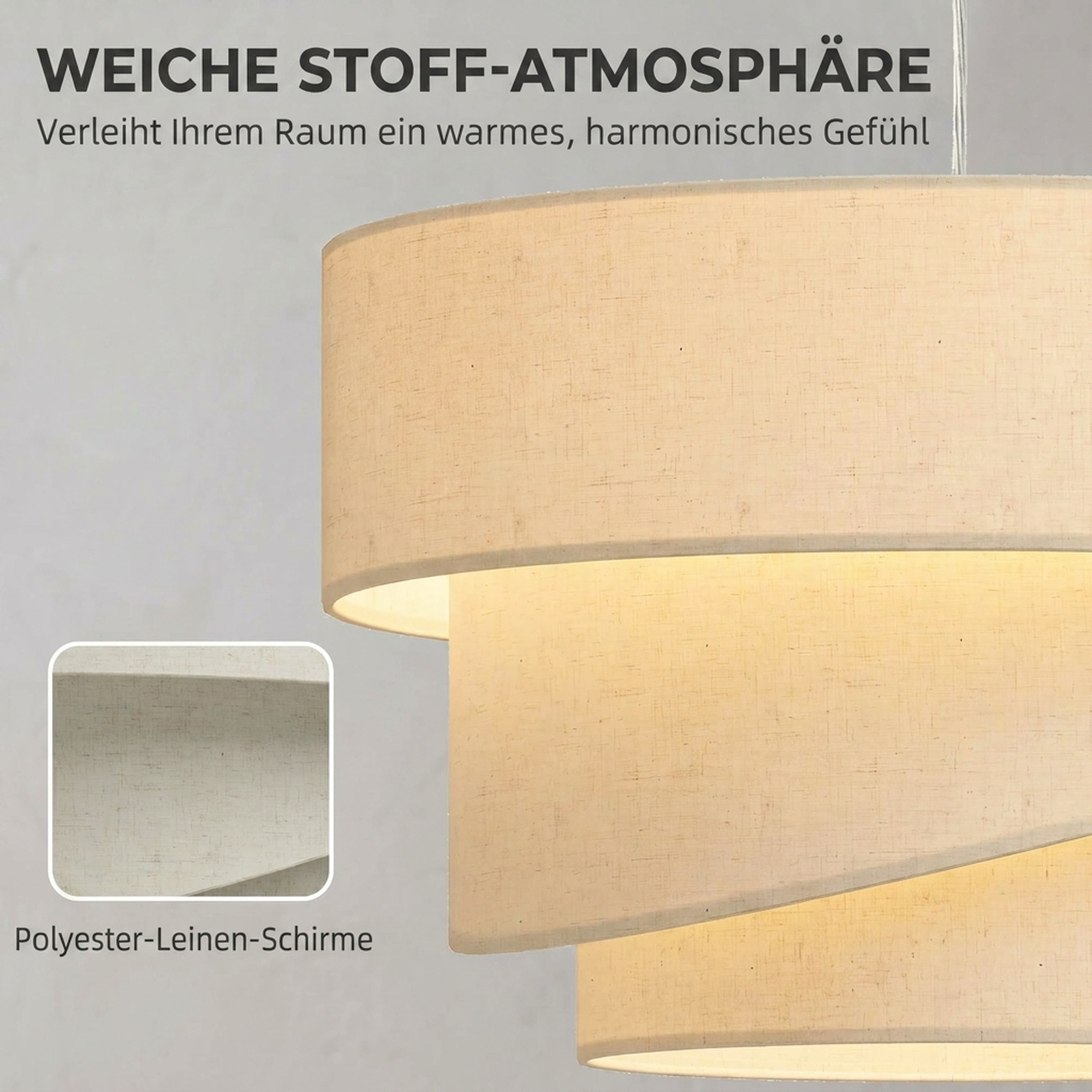 Pendelleuchte mit 3 Leinenschirmen, moderne Deckenlampe höhenverstellbar, Beige, Leuchtmittel nicht enthalten