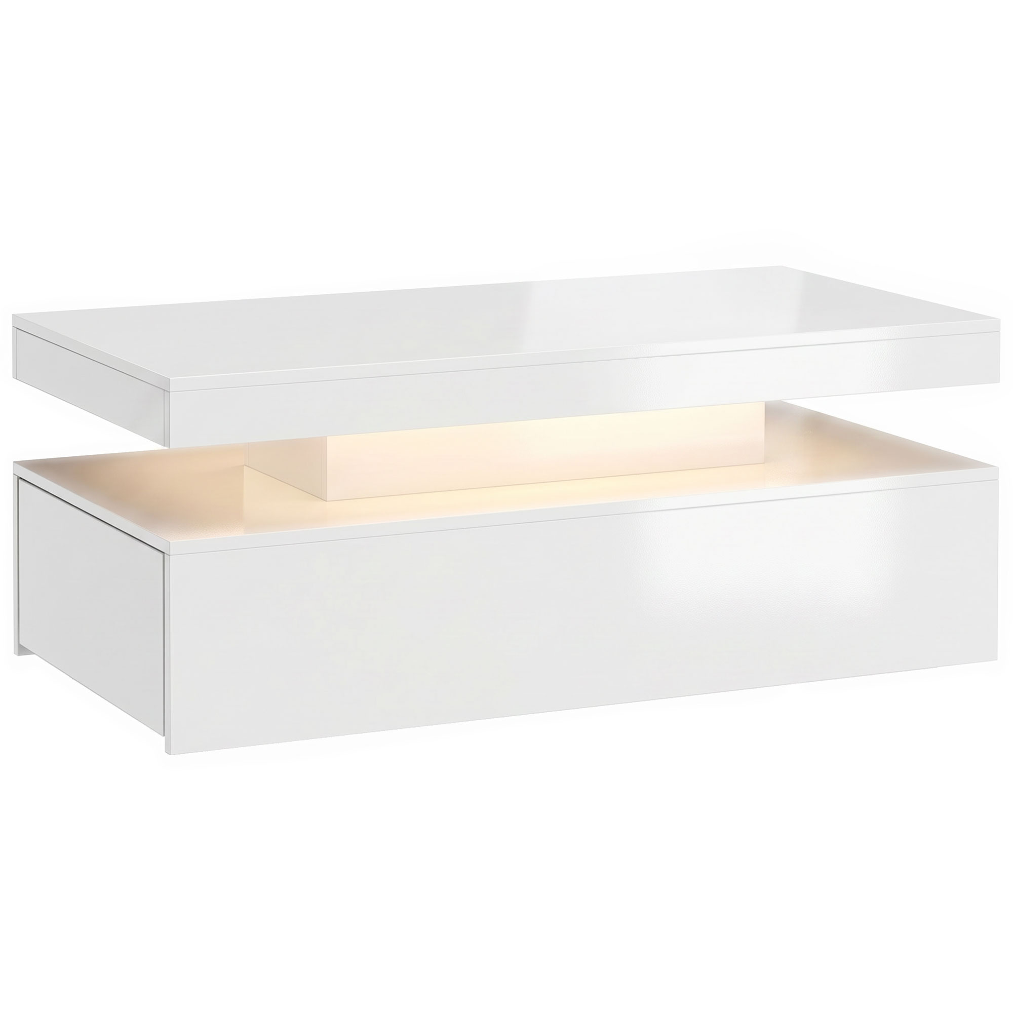 LED Couchtisch mit Stauraum, Moderner 2-Ebenen Wohnzimmertisch mit 2 Schubladen, Hochglanz Weiß