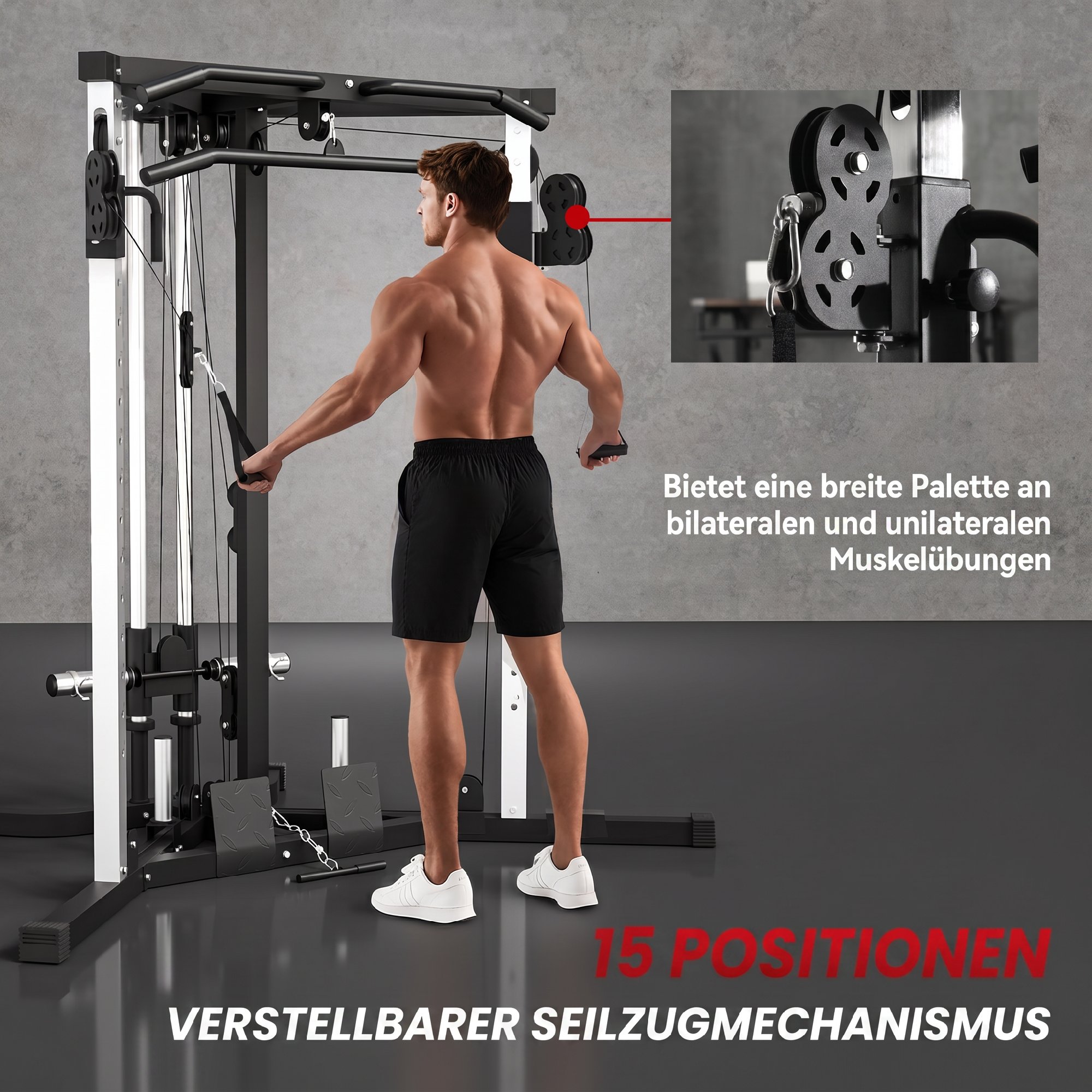 Kraftstation Fitnessstation mit Latzug, Klimmzugstange Curl-/Ruderstange Griffe, 15-fach verstellbar