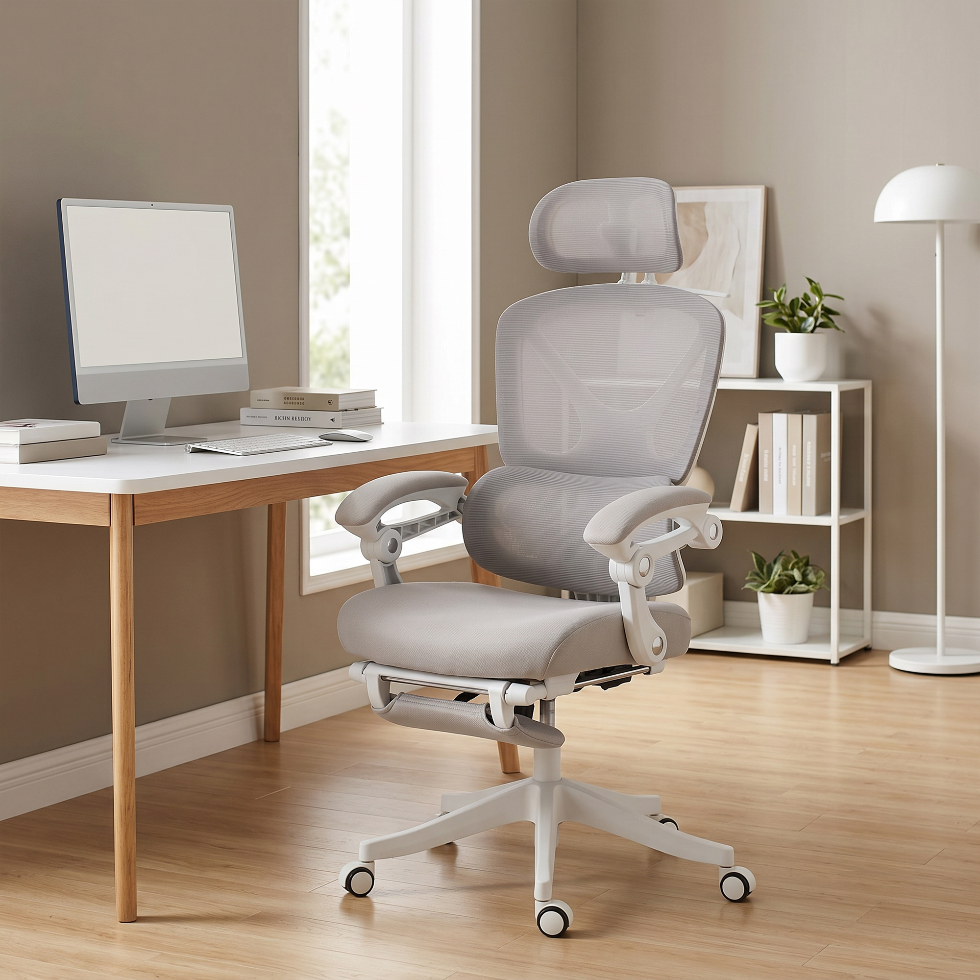Bürostuhl, Ergonomischer Schreibtischstuhl mit Fußstütze, Wippfunktion, Armlehne, Netzstoff, Grau