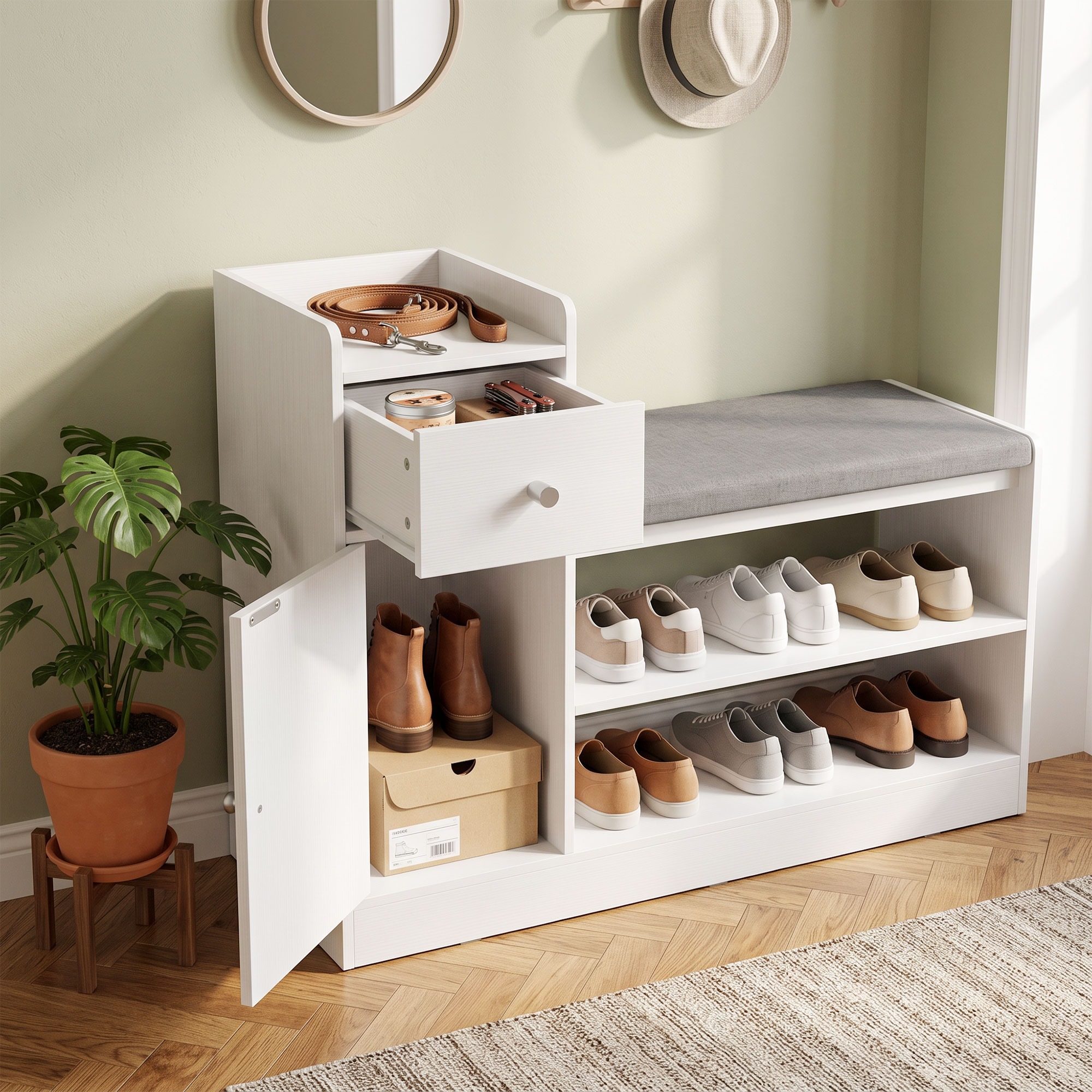 Schuhbank mit Sitzkissen Schublade und offenen Ablagen Flurbank 90x29,8x67,8cm Weiß