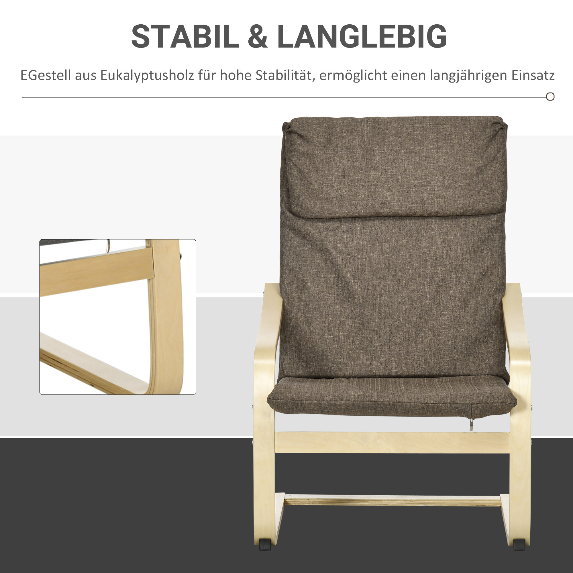 Sessel mit Kopfstütze und Armlehnen, Bezug in Leinenoptik, Holzgestell, Braun + Natur