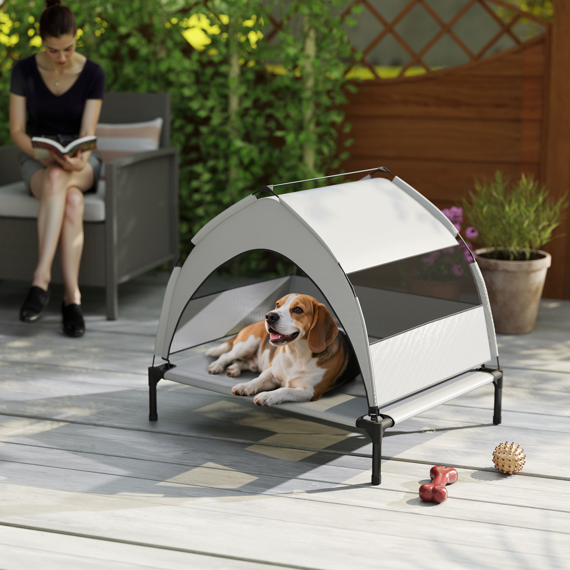 Hundeliege Outdoor mit Dach, erhöhtes Hundebett für mittelgroße Hunde, mit Stahlrahmen, 76x61x70cm, Hellgrau