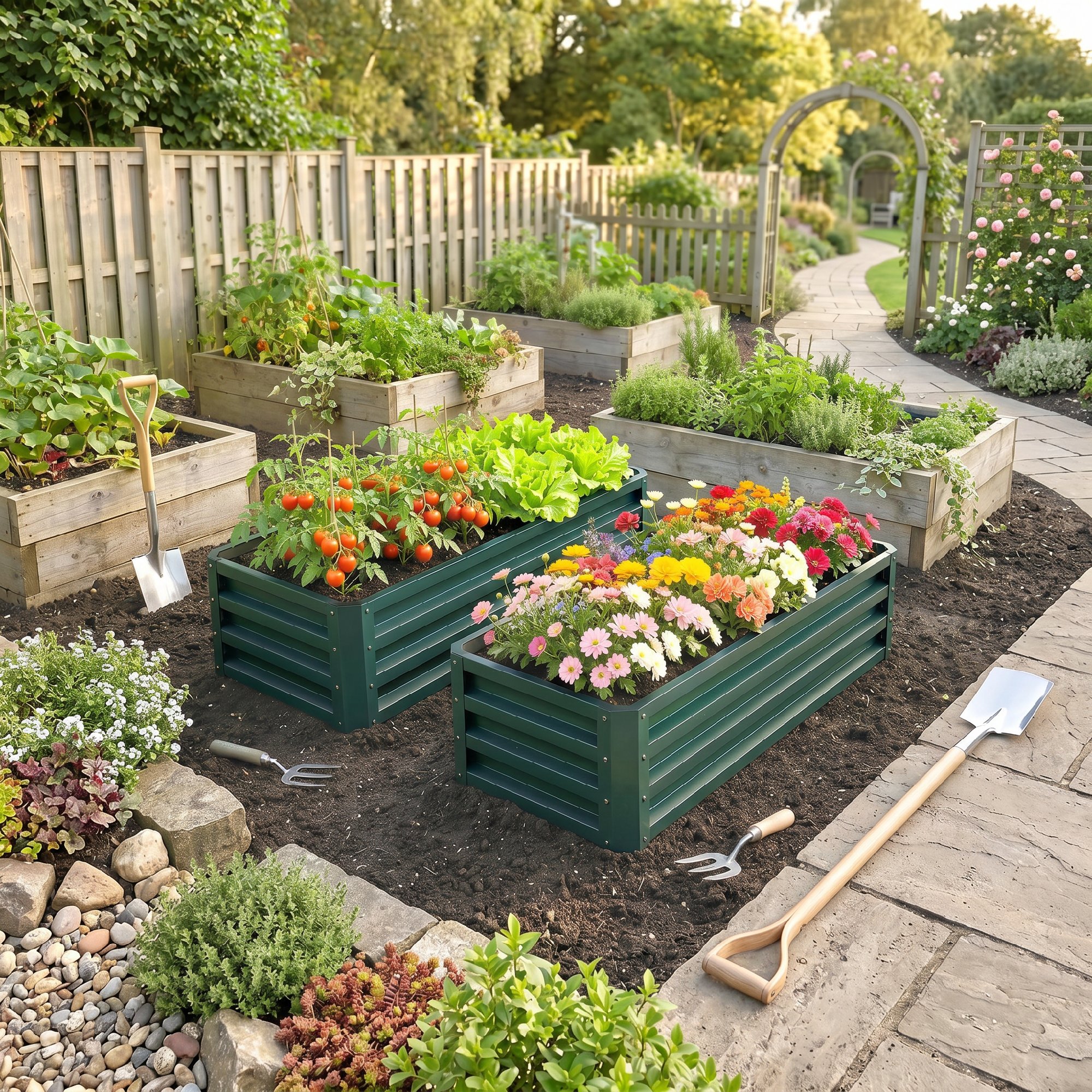 Hochbeet Metall 2er-Set, Offener Boden, Für Garten Balkon, 110x50x30cm, Grün