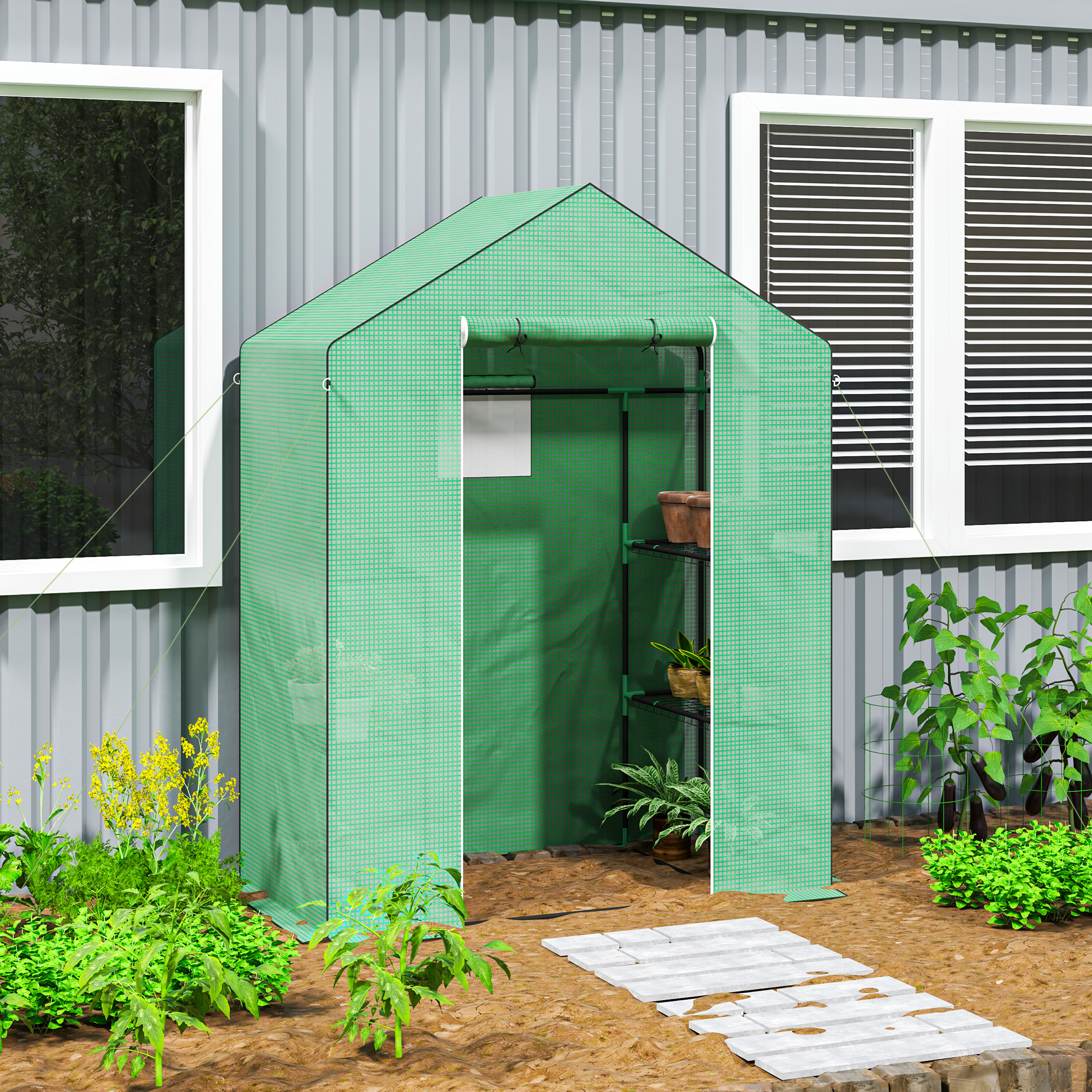 Gewächshaus mit Regalen, Mini-Treibhaus, UV-beständig, Netzfenster, Reißverschlusstür, 143L x 74B x 190H cm, Grün