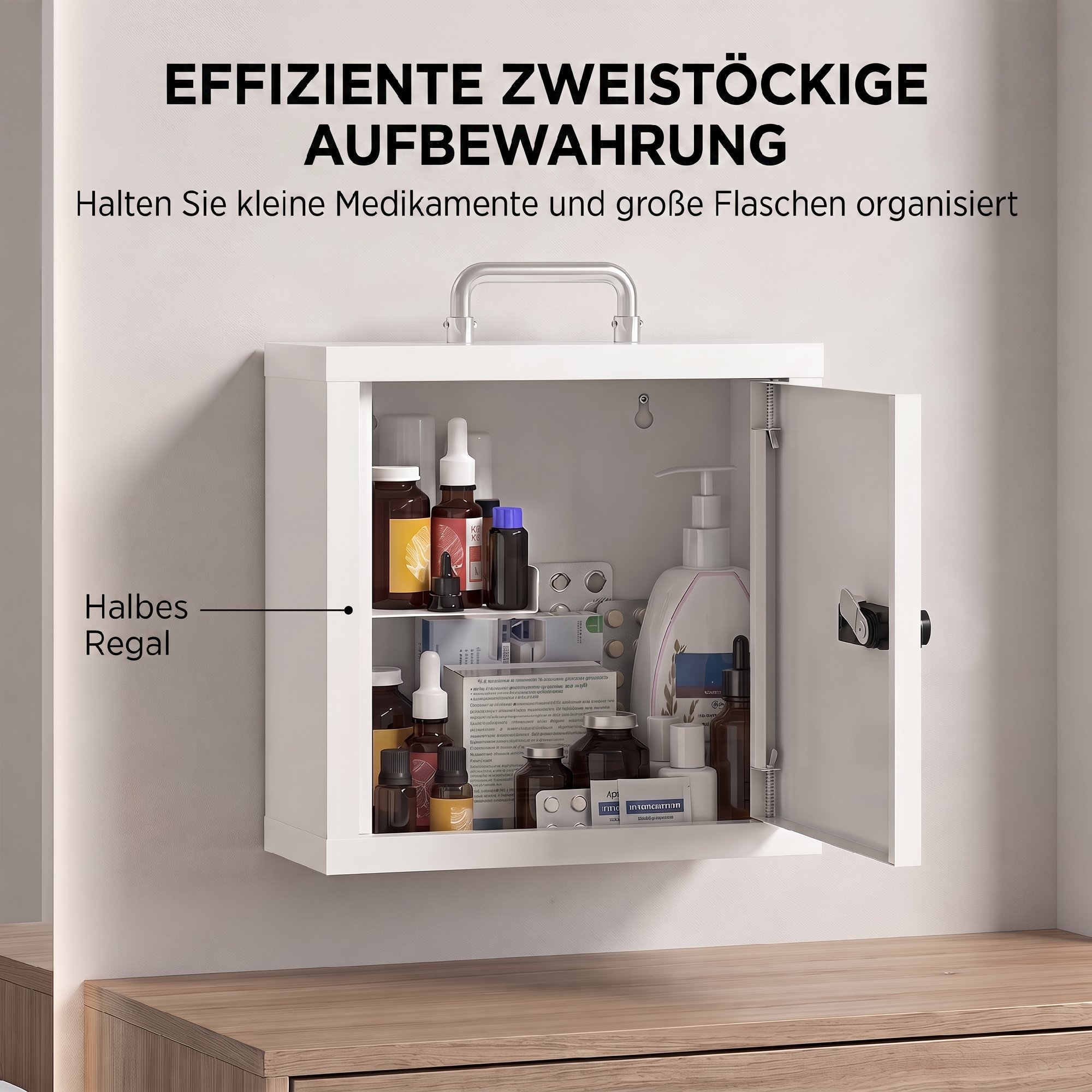 Medizinschrank zur Wandmontage mit Zahlenschloss, 2-stufiger Erste-Hilfe-Schrank aus Edelstahl, Weiß