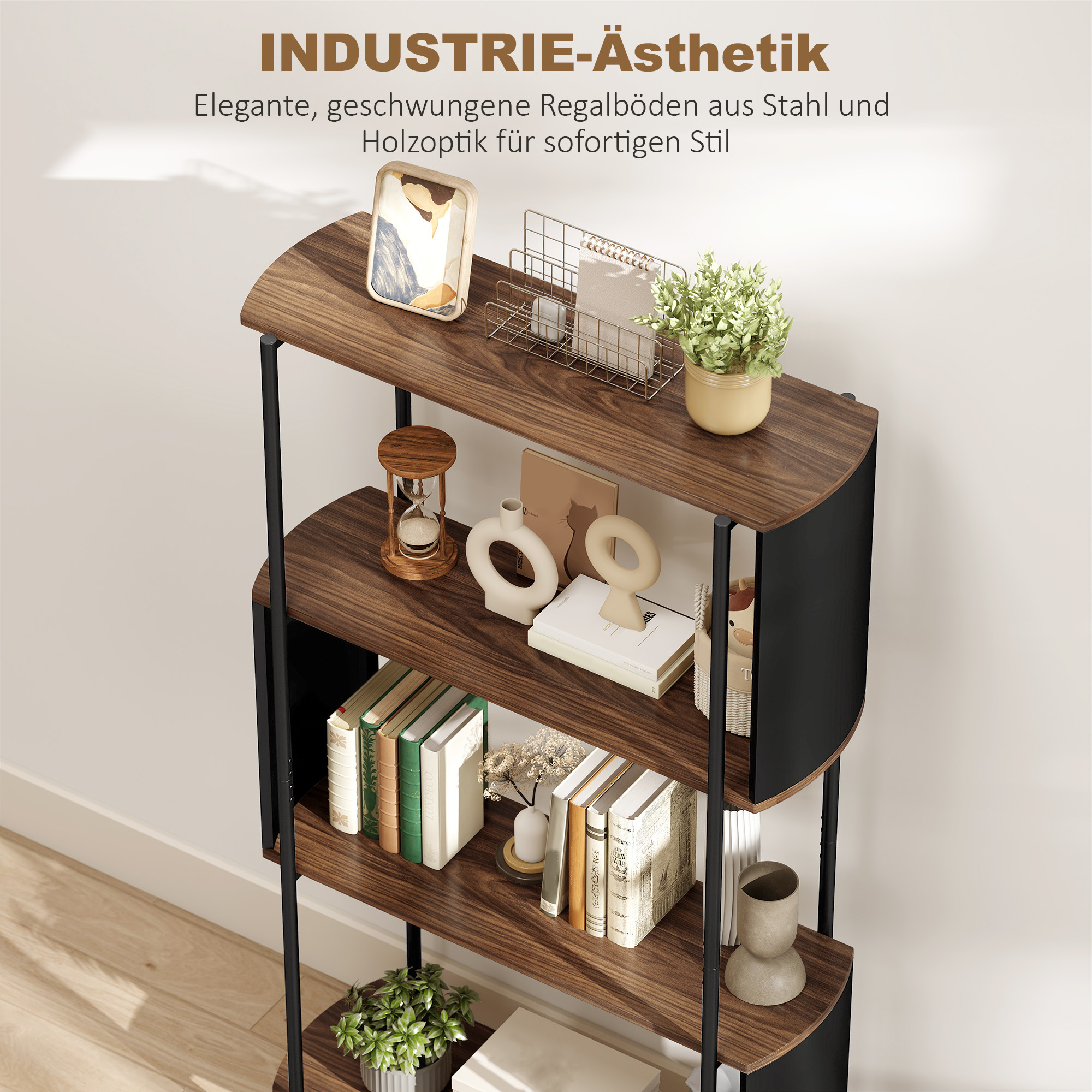 4-stufiges Regal, freistehendes Regal mit geschwungenem Design, industrielles Bücherregal, braune Holzoptik