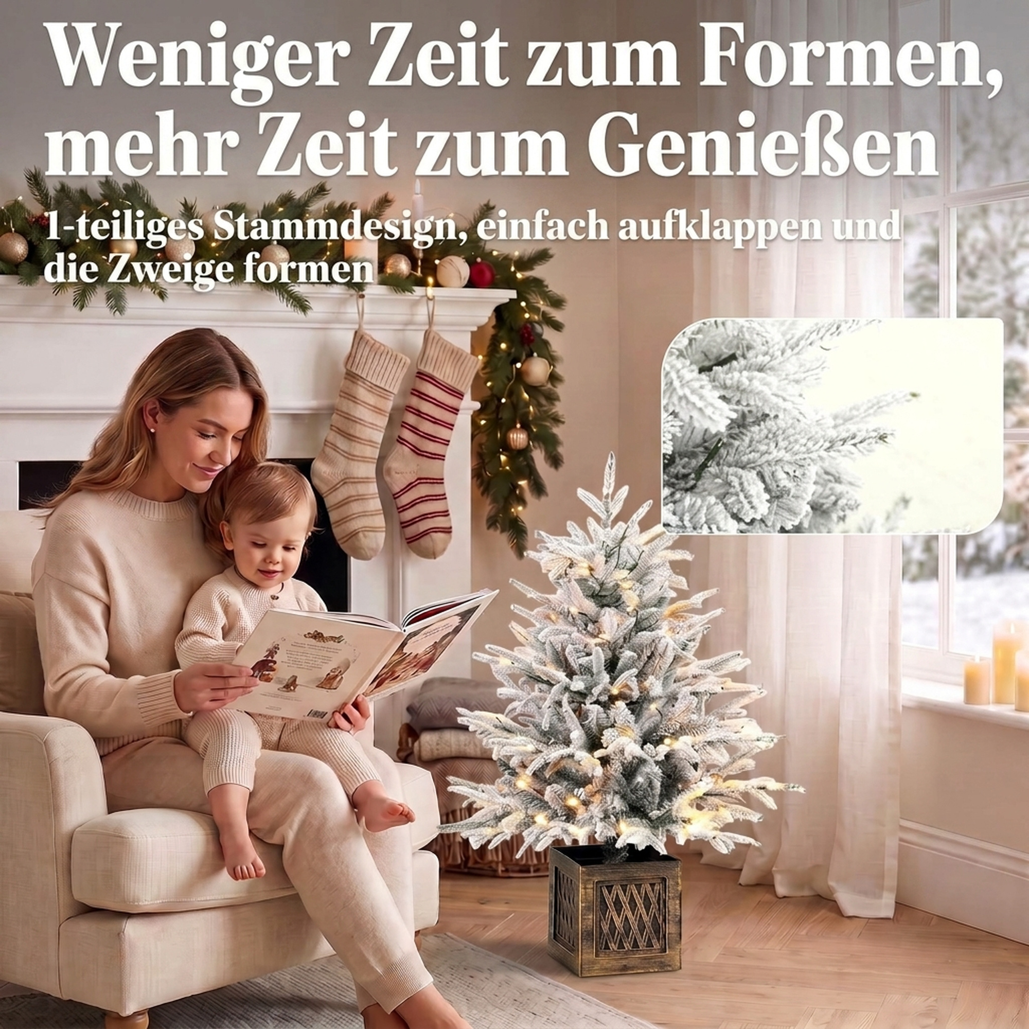 Tisch-Weihnachtsbaum 90 cm, vorbeleuchtet, beschneit, künstlich, 70 warmweiße LEDs, 488 Spitzen, Grün