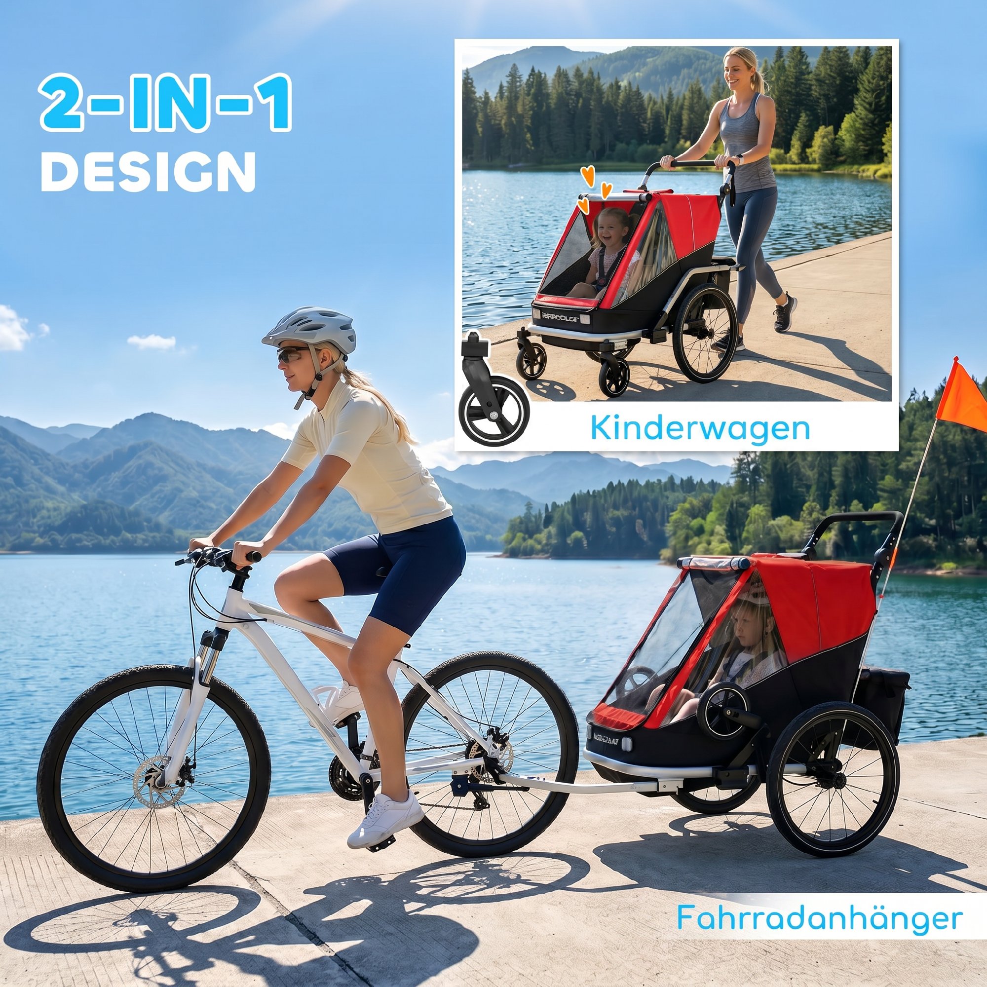 Fahrradanhänger für Kinder, 2-Sitzer, 2-in-1 faltbarer Kinderfahrradanhänger mit verstellbarem Sitz und Gurten, Rot