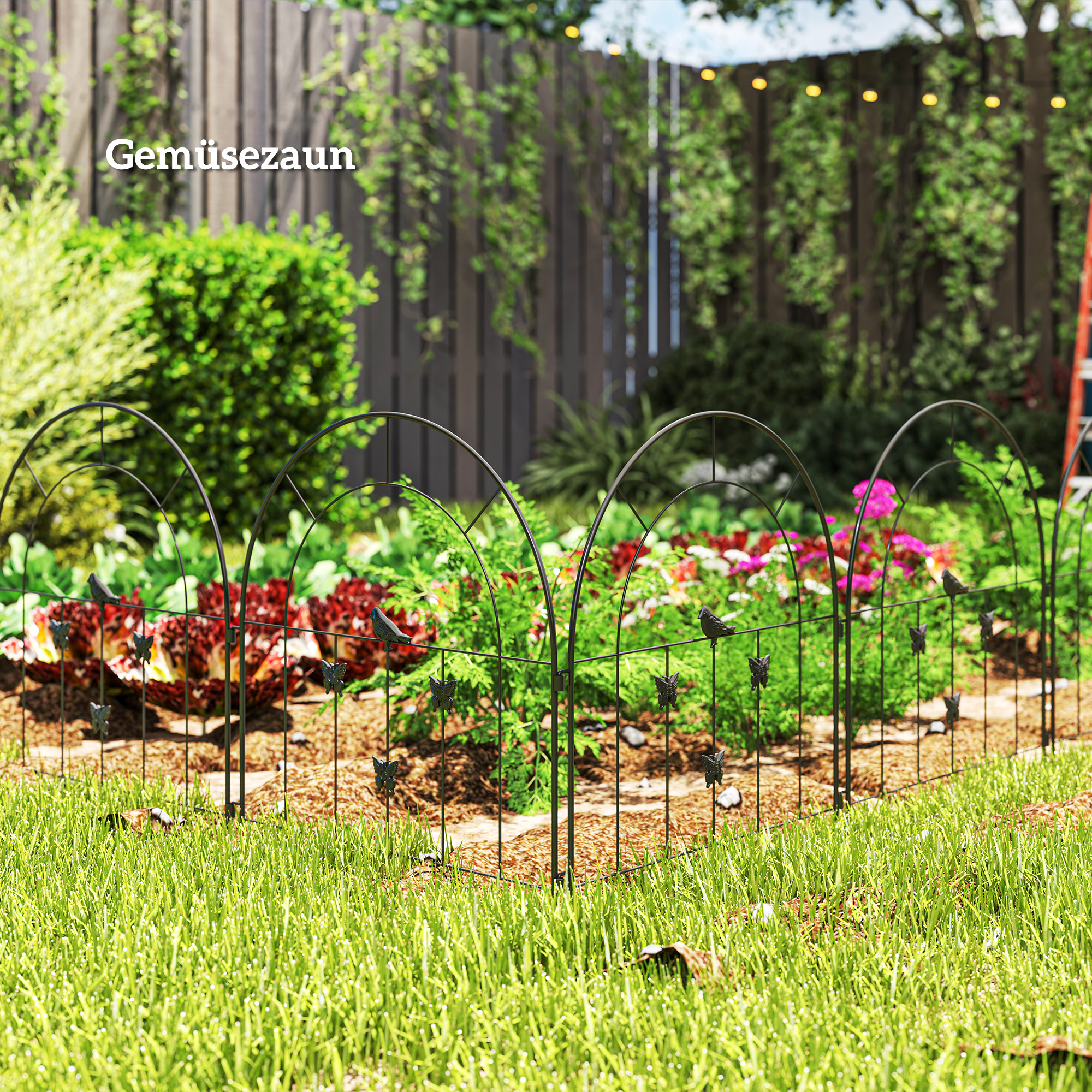 Gartenzaun Zaun Stahl 300 cm x 70 cm hoch Dekorativer Gitterzaun Set Zaunelemente Schwarz