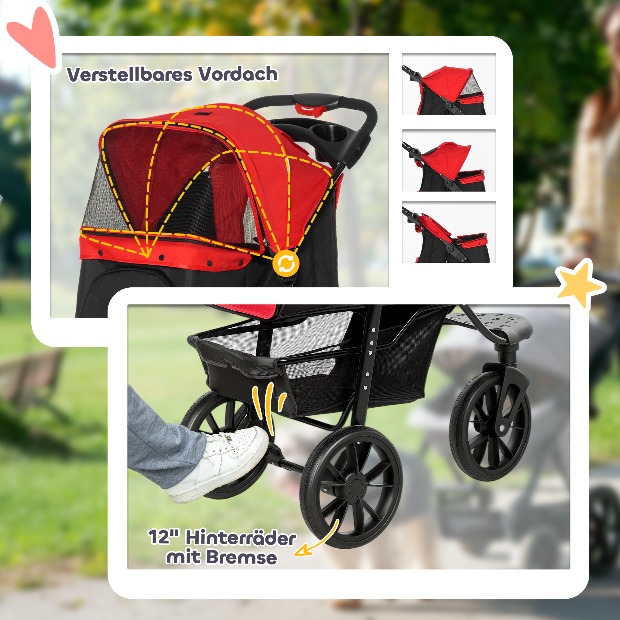 Hundewagen klappbar Hundebuggy bis 10 kg mit 3 Rädern, Netzfenstern Getränkehalter Ablagekorb 109,5x57,5x106,5 cm Rot
