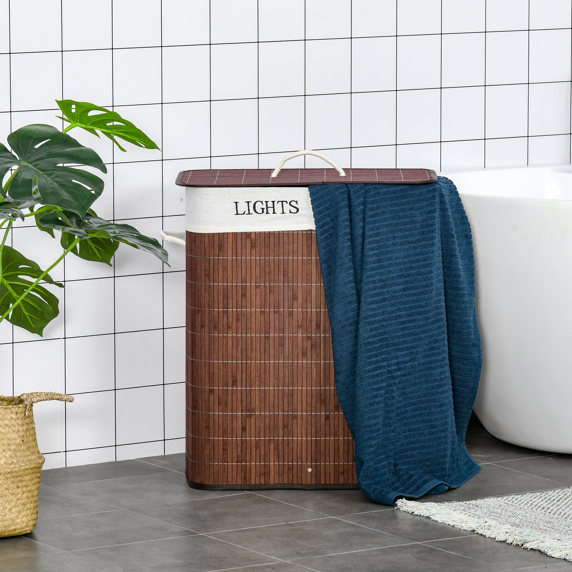Bambus Wäschekorb schmal mit Deckel 100L Wäschesammler mit Griffen, 2 herausnehmbarer Wäschesack, Laundry Baskets Wäschebox für Waschküche, Schlafzimmer, Badezimmer Braun