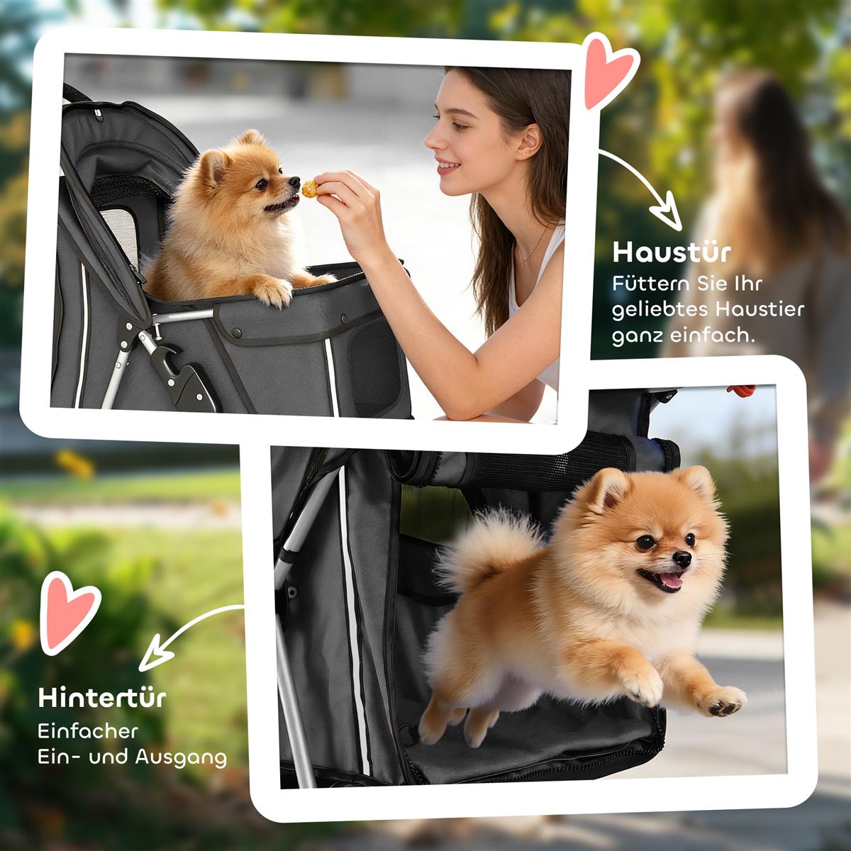 Faltbar Hundewagen mit verstellbarem Verdeck, Aufbewahrungskorb, für kleine Hunde bis 10kg, 77 x 44 x 102 cm Dunkelgrau