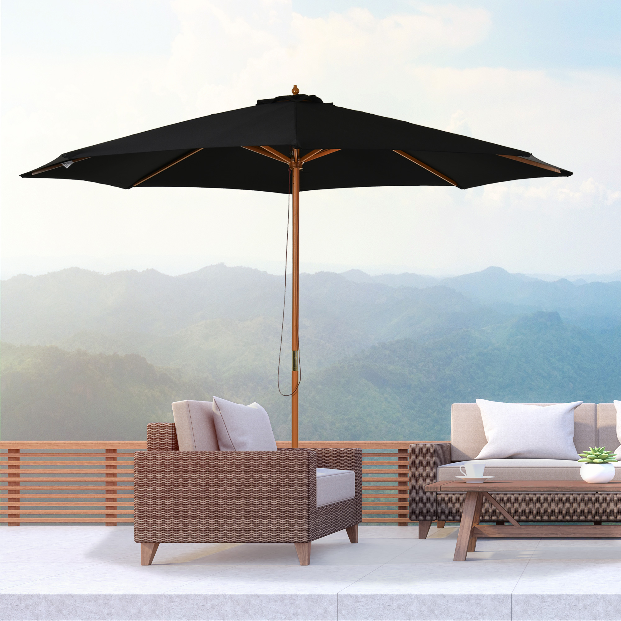 Sonnenschirm Ø 300 cm, Sonnenschirm mit UV Schutz Balkonschirm aus Holz Strandschirm stabil Marktschirm Sonnenschutz für Strand Terrasse Garten, Schwarz