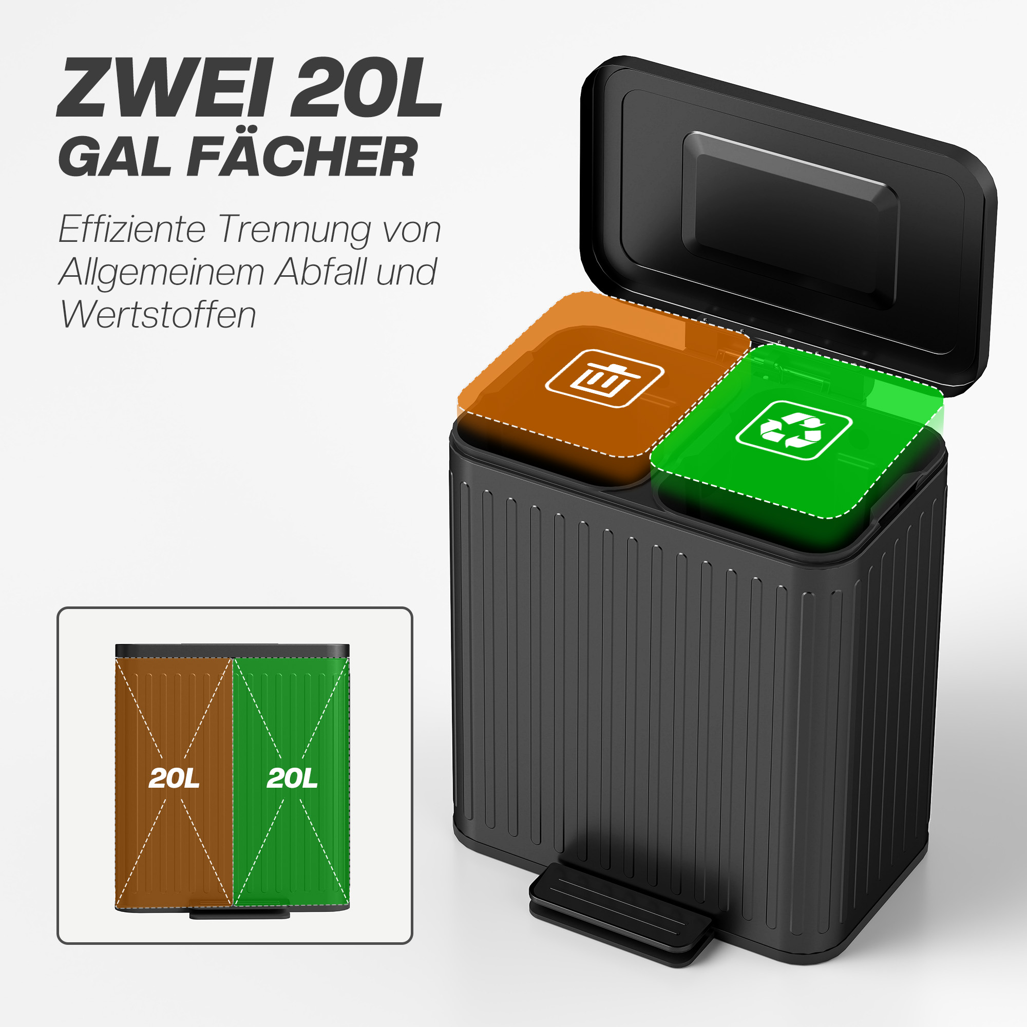 Küchenmülleimer, 2 x 20 L-Fächer, effiziente Mülltrennung, Fußpedal, Kunststoff, Metall, Schwarz