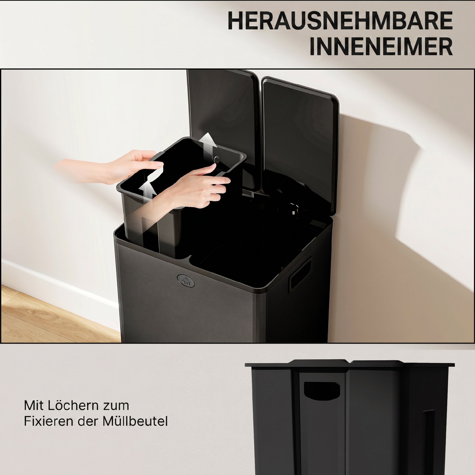 2 x 28 L Doppelmülleimer, Pedalöffnung, leicht zu reinigen, Edelstahl, Kunststoff, Schwarz