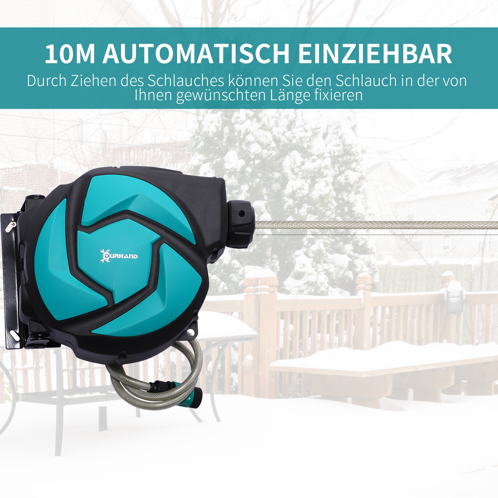 Schlauchtrommel mit Gartenschlauch 10 m Wasserschlauchaufroller mit automatische Aufrollung Wandschlauchbox 180° schwenkbar mit Multibrause Frostschutz -5–45 °C Grün + Schwarz