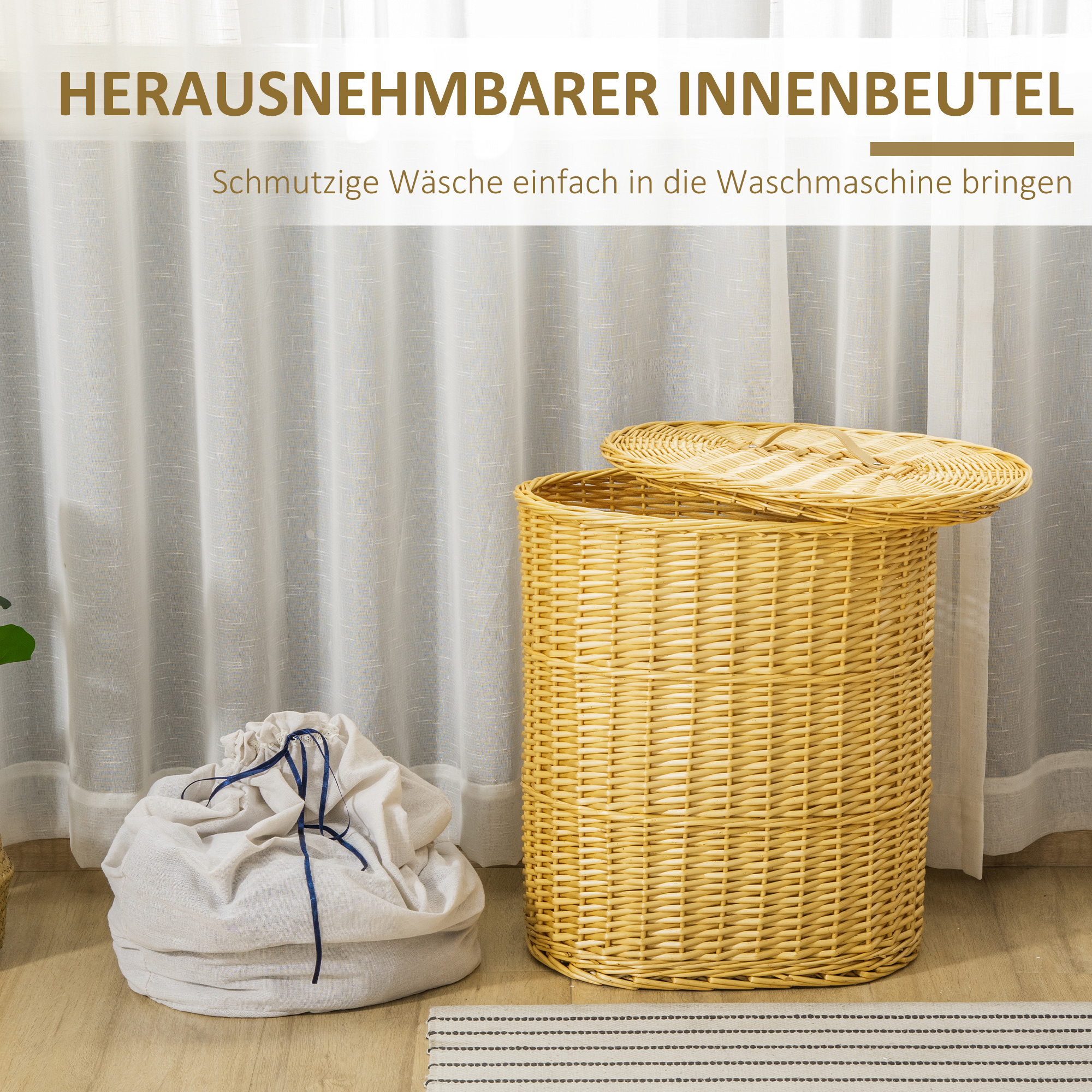 Wäschekorb aus Weide mit Deckel Wäschesammler mit Griff, herausnehmbarer Wäschesack, Laundry Baskets Wäschebox für Badezimmer Waschküche Schlafzimmer Natur