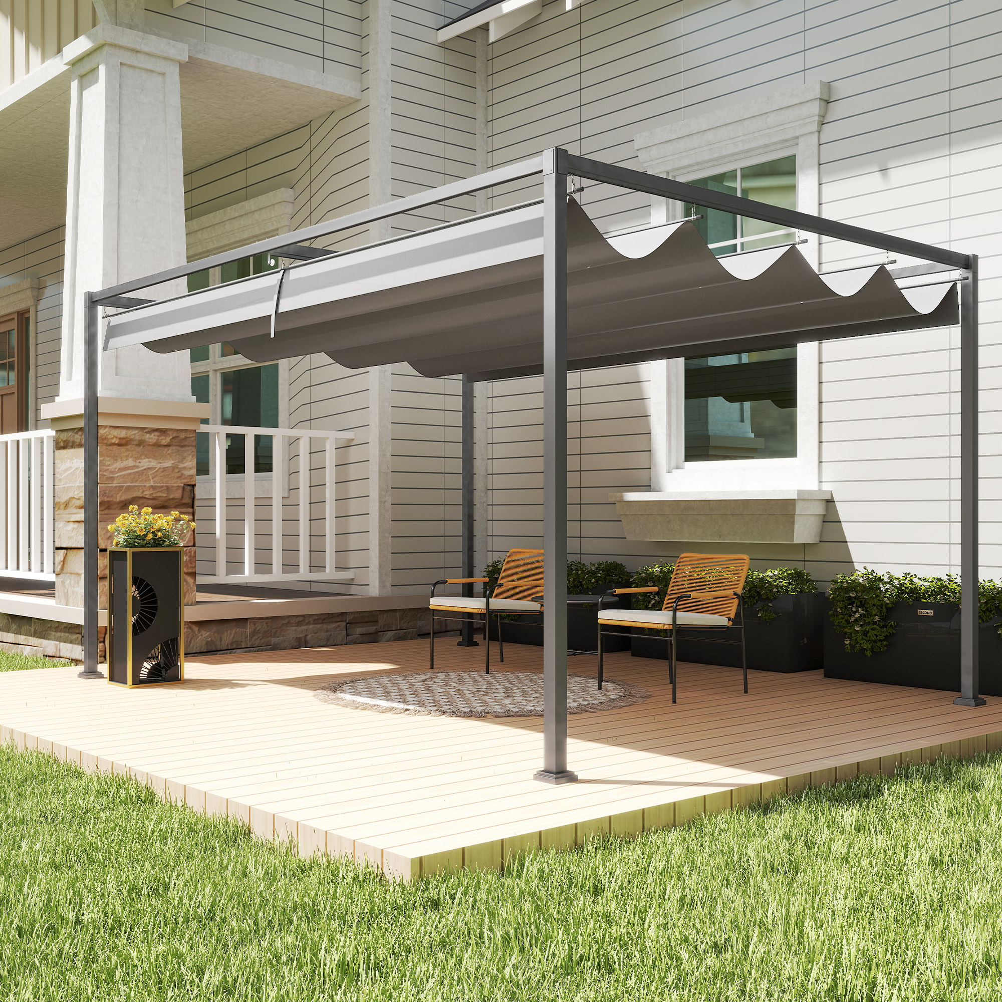 Pergola, Robuster Sonnenschutz für Garten, Balkon, Terrasse, aus Metall und Kunststoff, UV- und wasserabweisend, Dunkelgrau