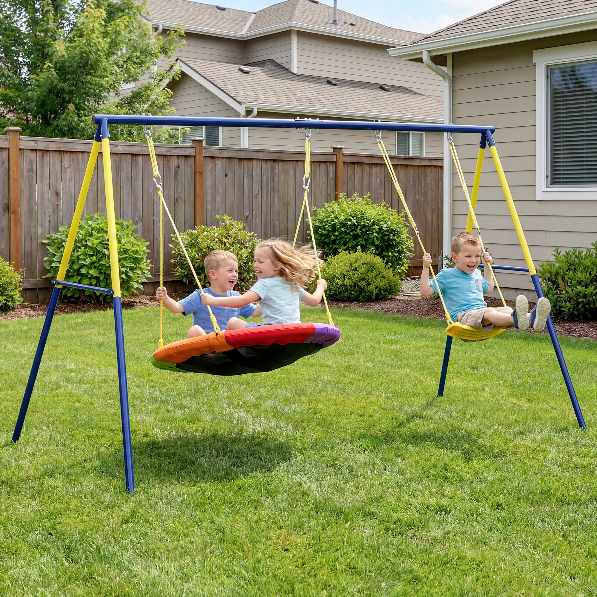 Schaukelgestell Schaukel-Set mit Nestschaukel Gurtschaukel verstellbarem Seil für 3-8 Jahre 265x160x178 cm Mehrfarbig
