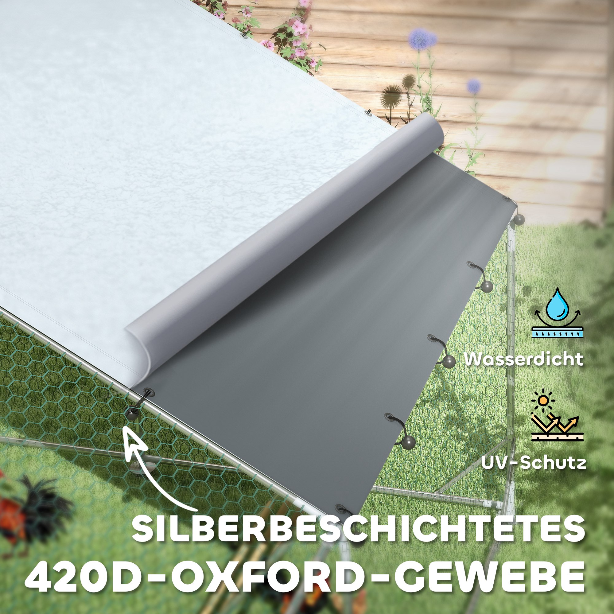 Hühnerstall, Freilaufgehege für Hühner, mit UV-beständiger Plane, Stahlgitter, Futterautomat, für 18-24 Hühner