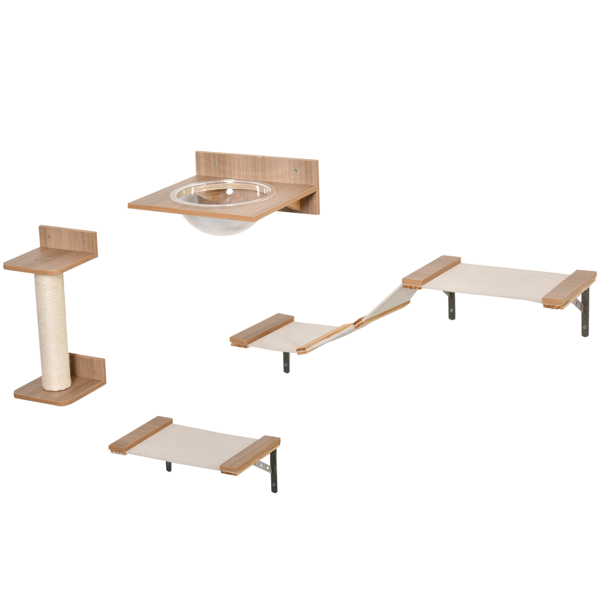 Kletterwand Katzen, 4-teilig Katzenkletterwand Set Katzen Wandelemente mit Kratzbaum Hängematte Sprungplattform Kratzsäule Katzentreppe Katzenwandmöbel für Klettern Schlafen bis 5 kg Hellbraun