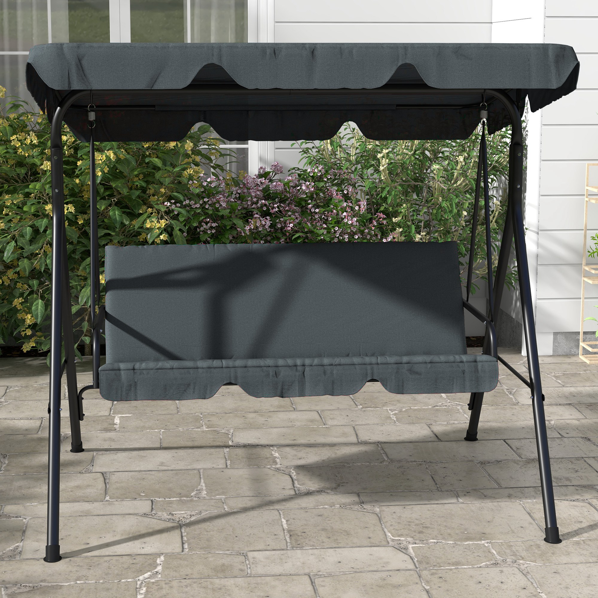 Hollywoodschaukel, Gartenschaukel, 3-Sitzer Schaukelbank mit Dach, Stahl, 172 x 110 x 153 cm, Grau