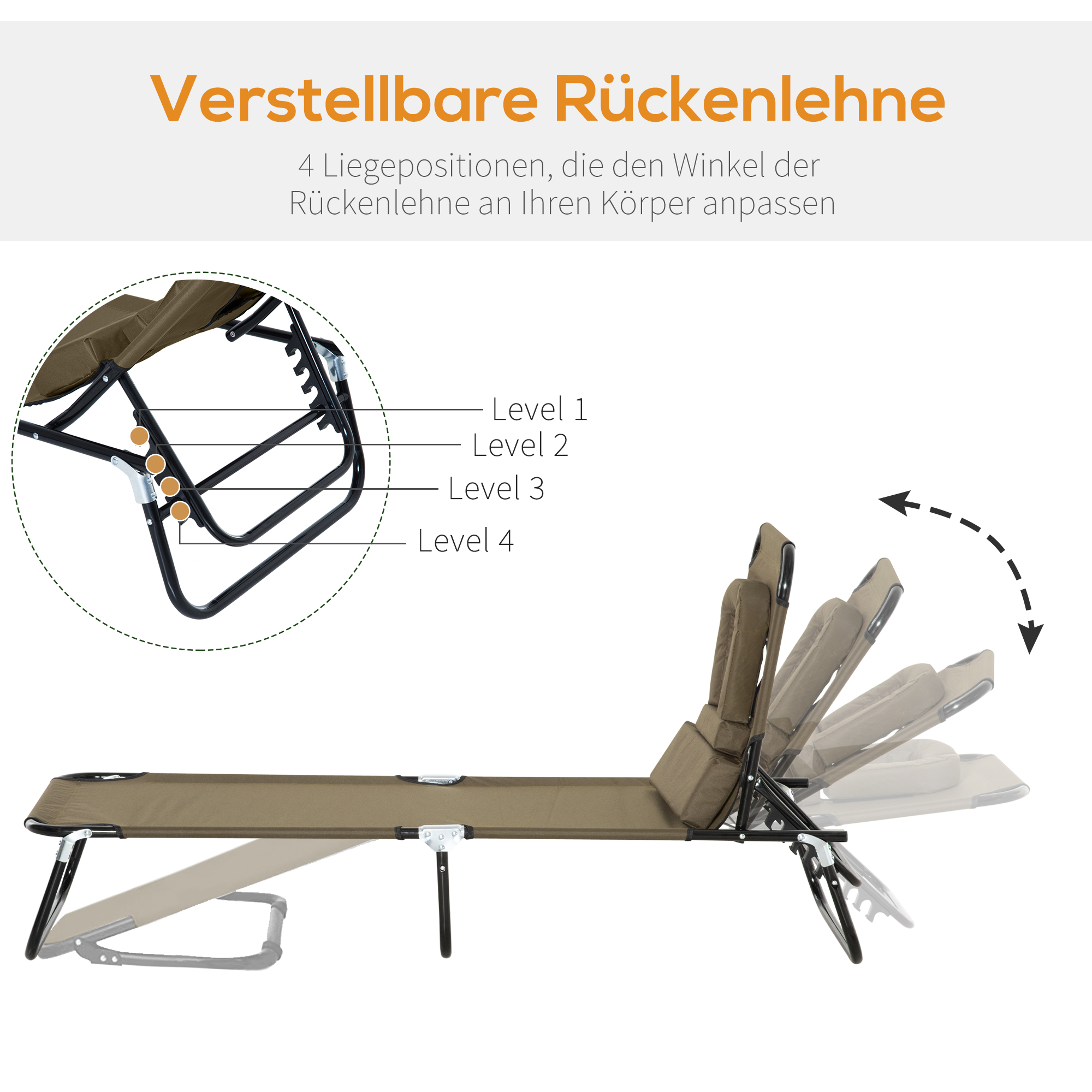 Sonnenliege klappbar Gartenliege mit Kopfkissen Liegestuhl mit 4-Fach verstellbare Rückenlehne Campingliege Gesichtsöffnung bis 120kg belastbar für Garten, Balkon und Pool Braun