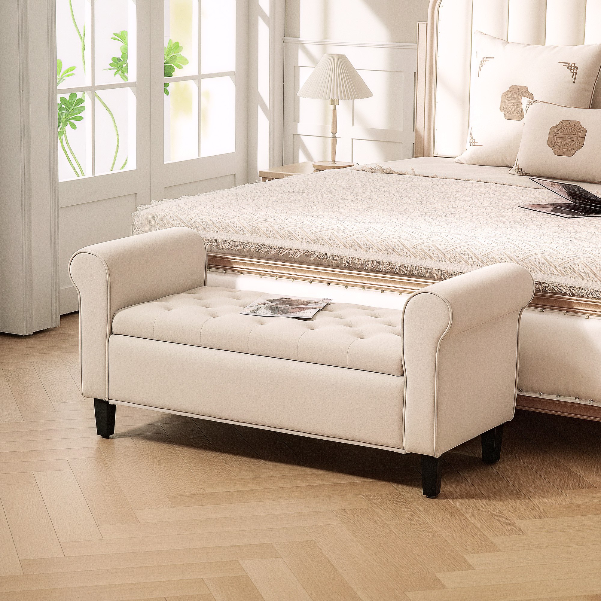 Sitzbank im Vintage-Design, Sitzbank mit Stauraum, Samtoptik, Beige