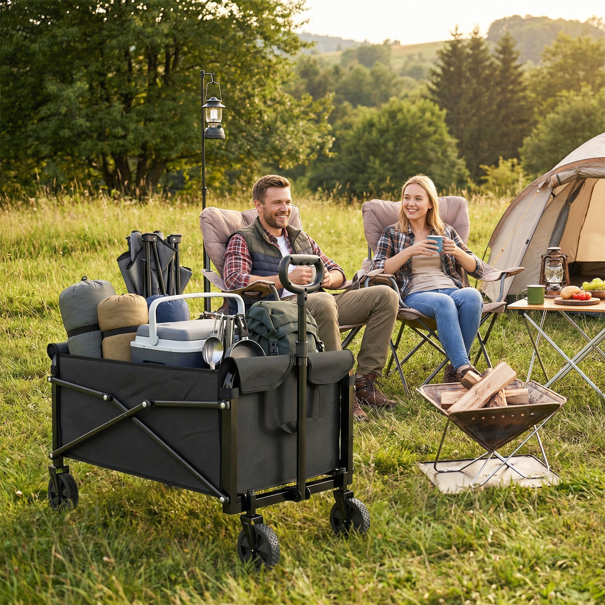 80L Festivalwagen auf Rädern, kompakter faltbarer Gartenwagen mit verstellbarem Griff, Schwarz