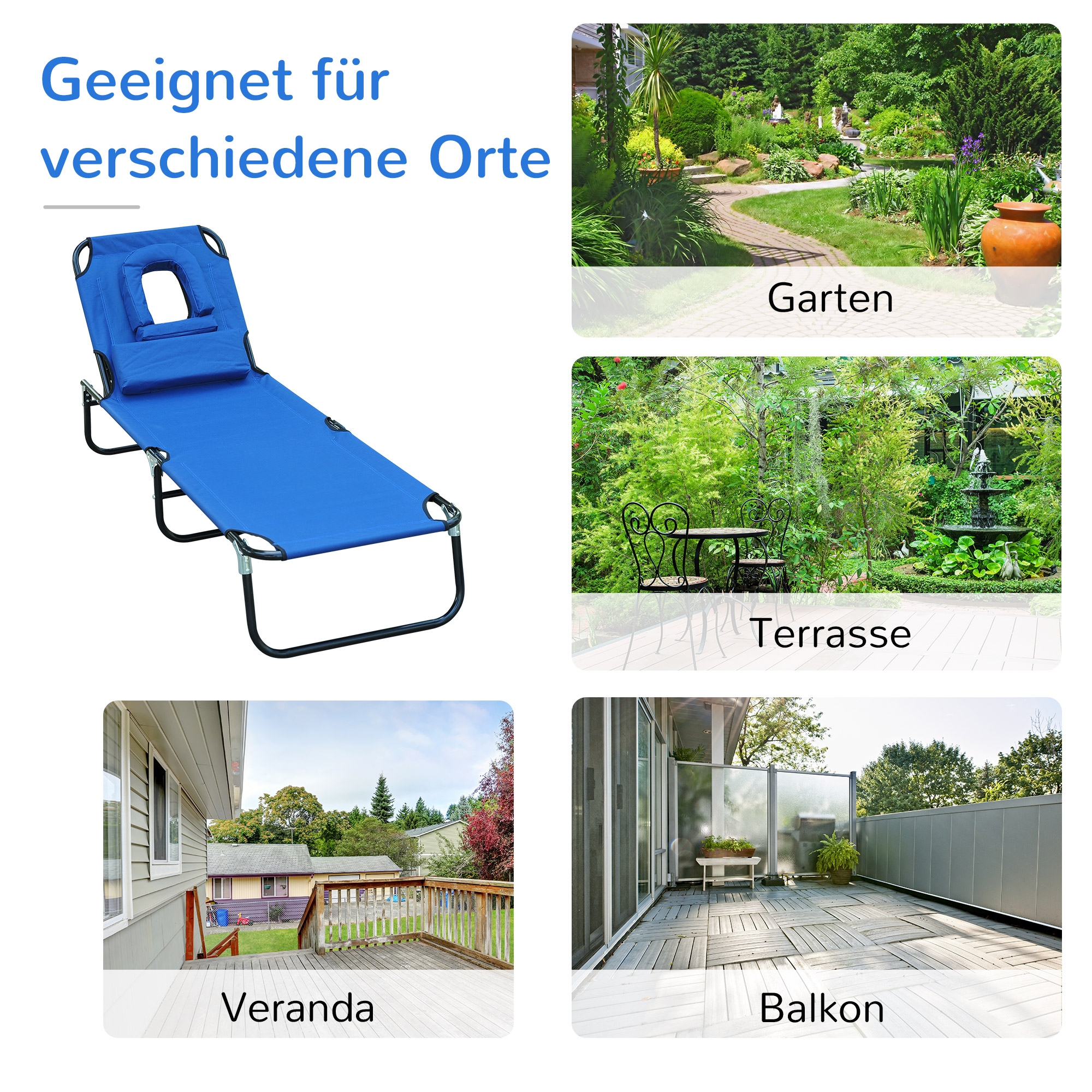Sonnenliege klappbar Gartenliege mit Kopfkissen Liegestuhl mit 4-Fach verstellbare Rückenlehne Campingliege mit Lesefenster Gartenstuhl bis 120kg belastbar für Garten, Balkon geeignet Blau