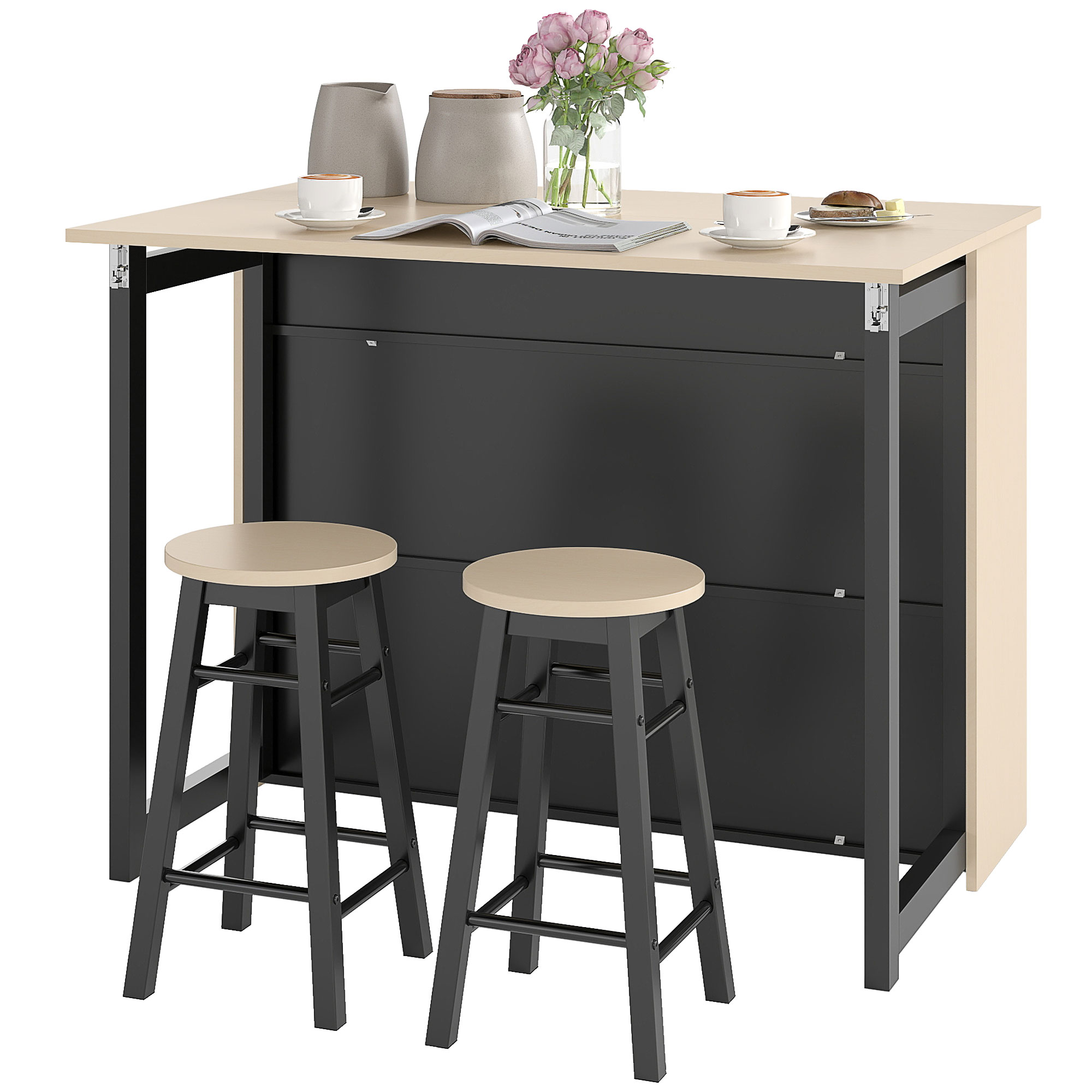 3-tlg, Barset, Bartisch mit klappbarer Tischplatte, 2 Barhocker, 6 Staufächer, schwarz+Eiche, 116 x 70 x 89,5 cm 3-tlg, Barset, Bartisch mit klappbarer Tischplatte, 2 Barhocker, 6 Staufächer, schwarz+Eiche, 116 x 70 x 89,5 cm