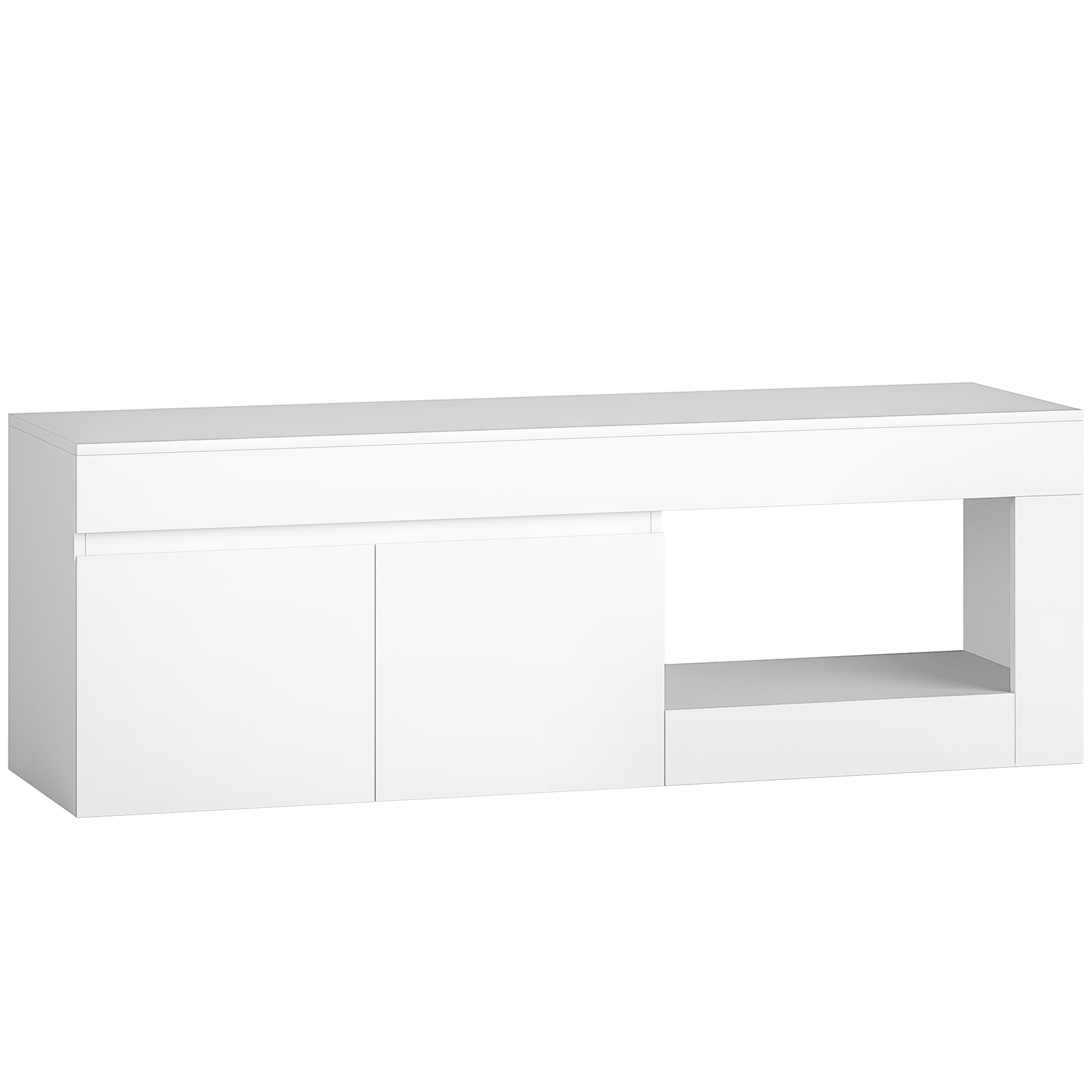 modernes TV-Lowboard fürs Wohnzimmer mit 2 Türen, offenem Fach und Griffen, für TVs bis 60 Zoll, 140 x 40 x 48 cm, Weiß