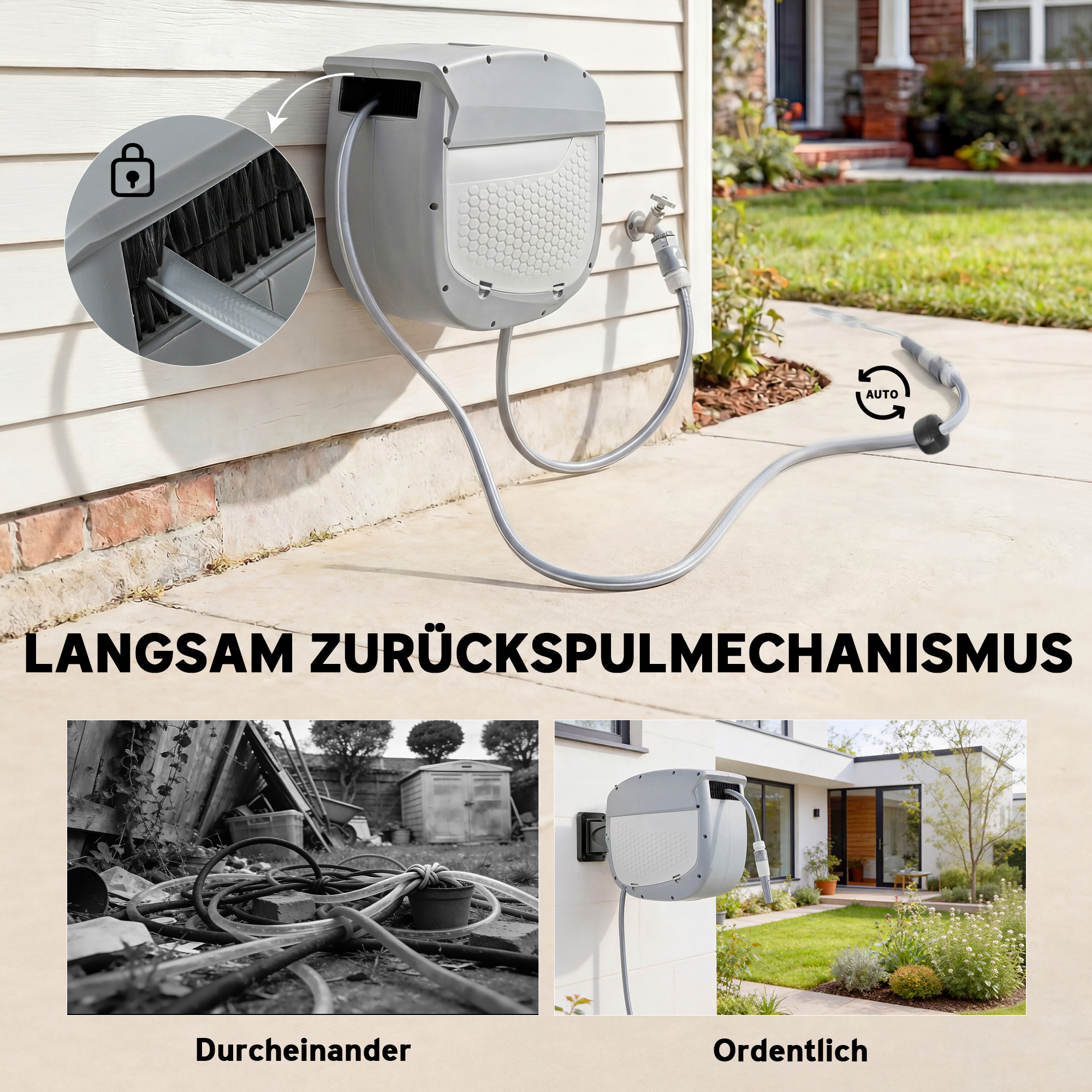 Schlauchtrommel mit Gartenschlauch 30 m, 180° schwenkbar Schlauchbox mit automatische Aufrollung Selbstverriegelung