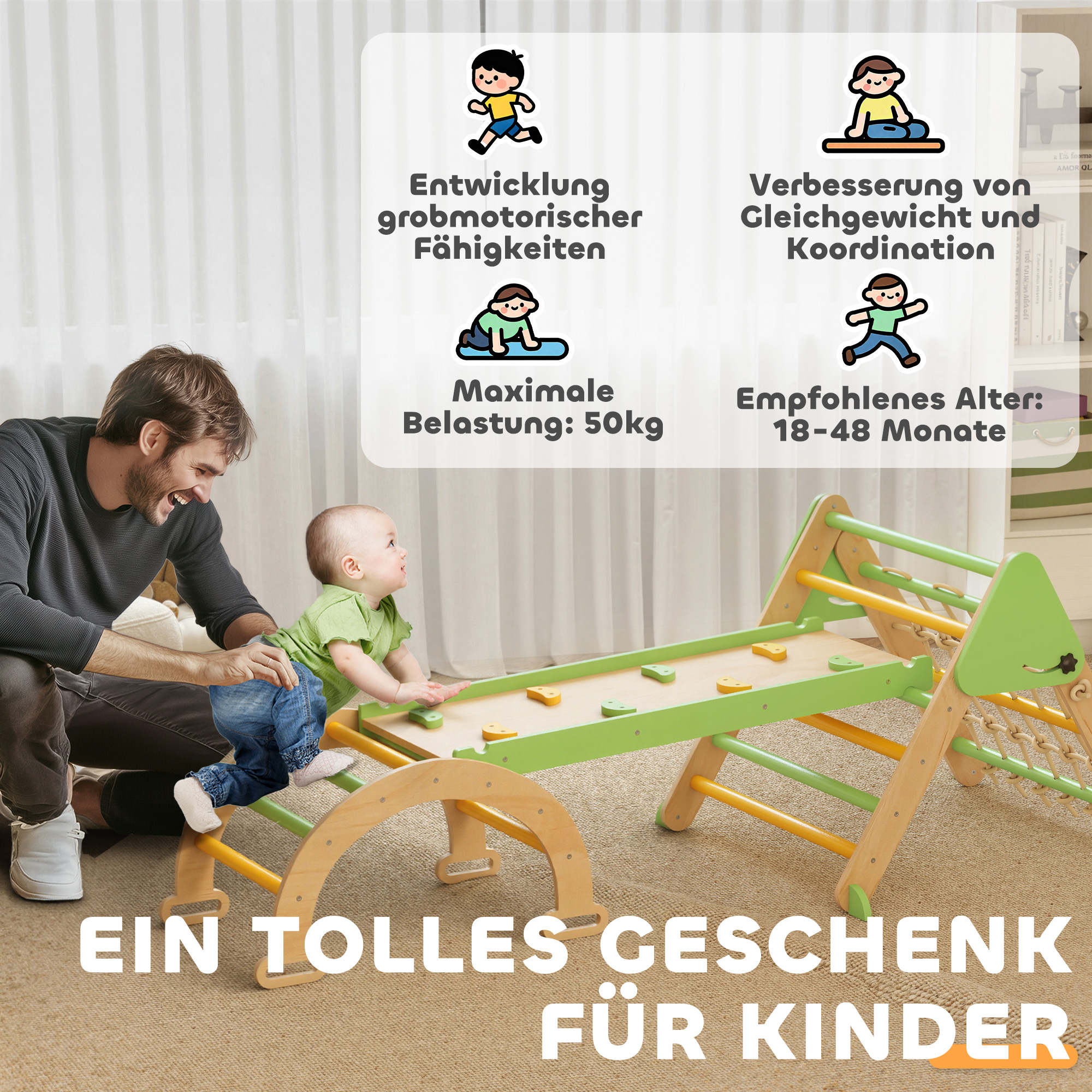 8-in-1 Montessori Klettergerüst Indoor Holz Kletterdreieck mit Kletterbogen, doppelseitiger Rutsche, Grün